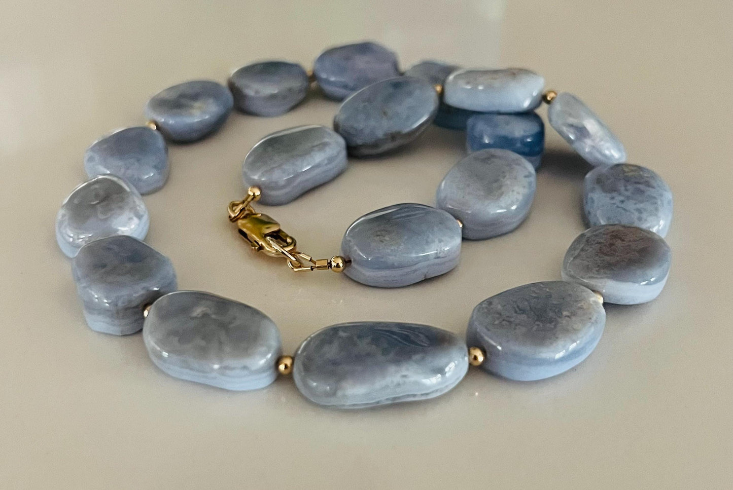 Blue Lace Agate 18k Gold Filled Clasp/Beads Necklace: Freeform Gemstone Statement Necklace