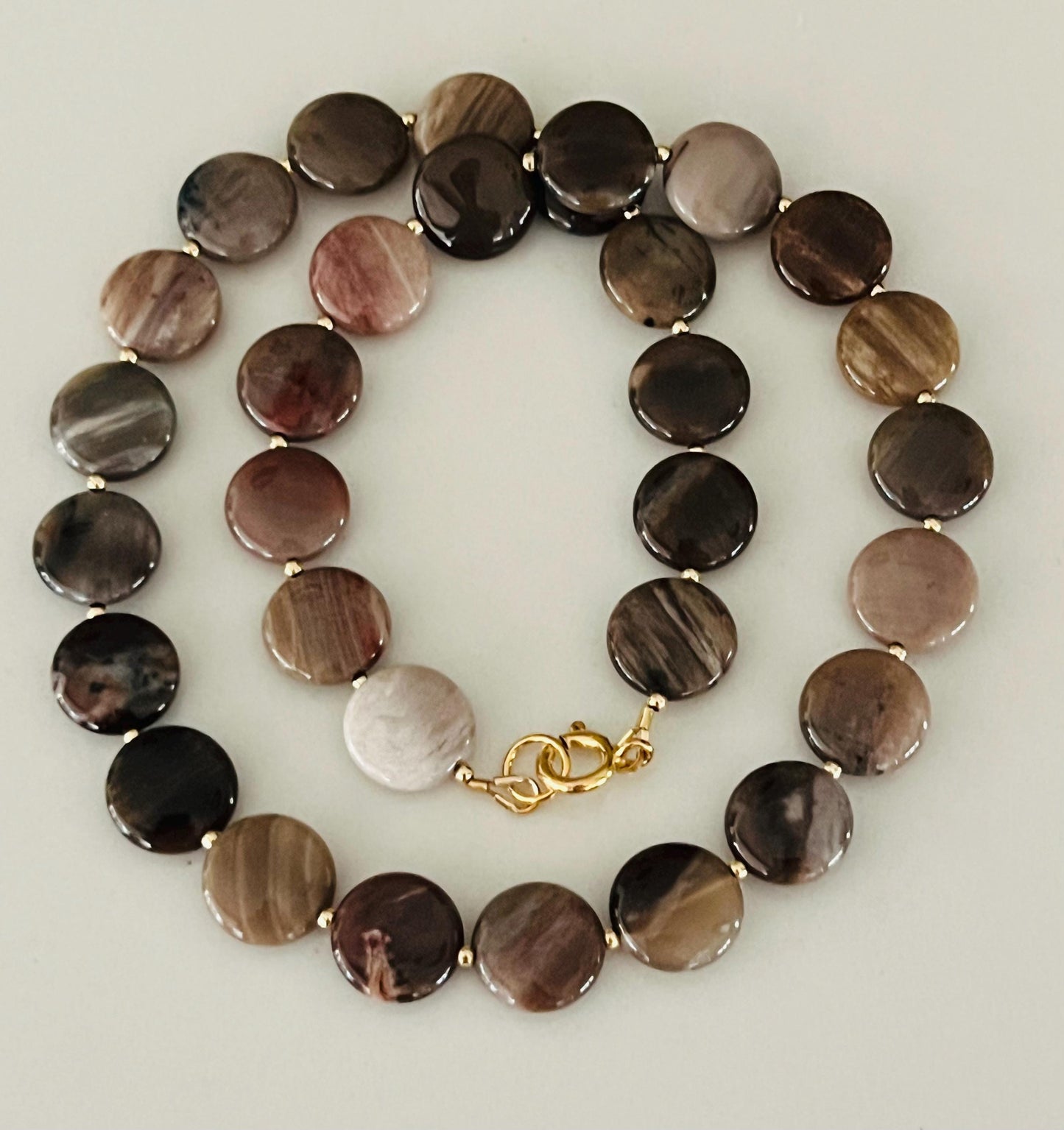 Petrified Wood Agate Gemstone Necklace: 18k Gold Filled Clasp/Beads, Earth Tone Beads 10mm Smooth Coin