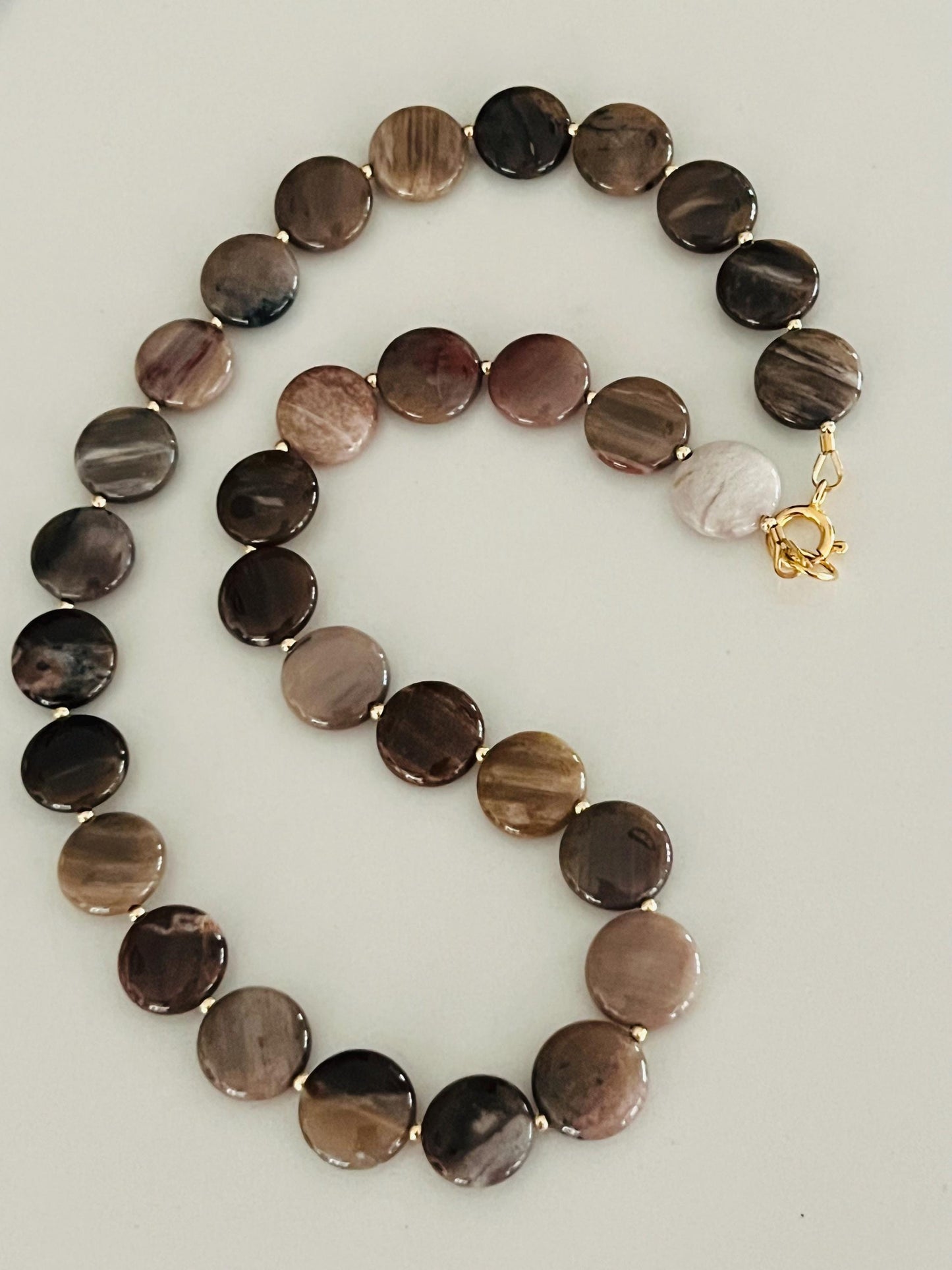 Petrified Wood Agate Gemstone Necklace: 18k Gold Filled Clasp/Beads, Earth Tone Beads 10mm Smooth Coin