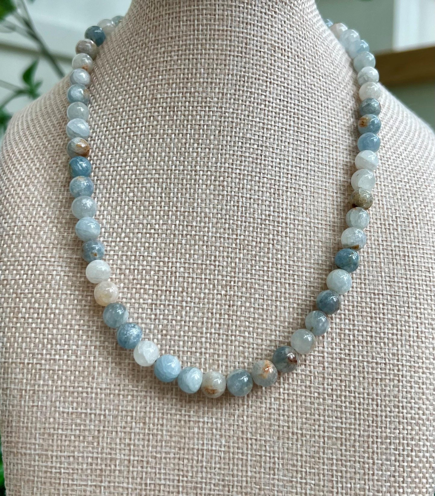 Celestite Beaded Necklace: 8mm Smooth Round Stones, Gold Filled Clasp