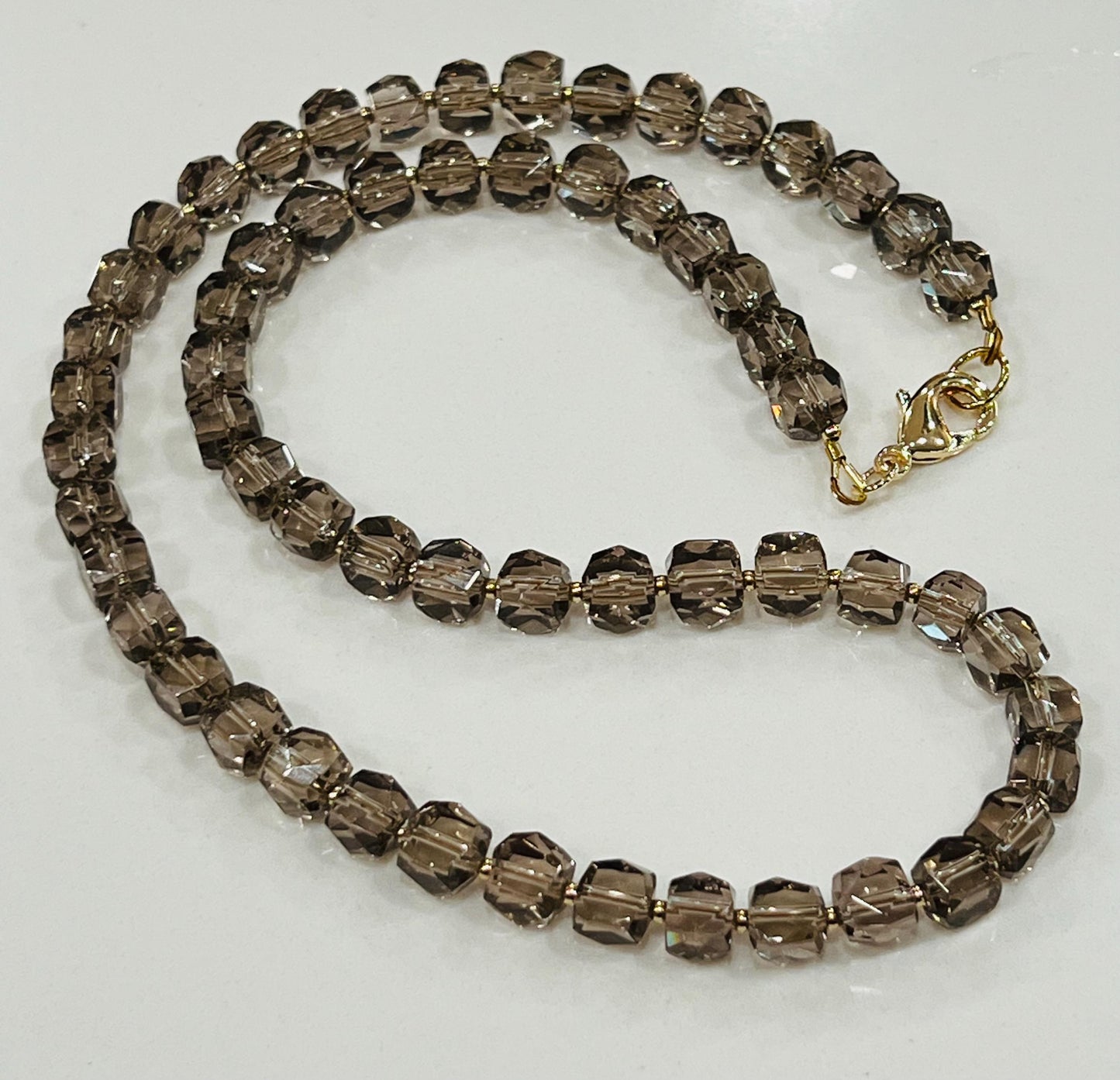 Smoky Quartz Beaded Necklace: 18k Gold Filled Clasp/Beads, 6mm Faceted Corner Cut Gemstone