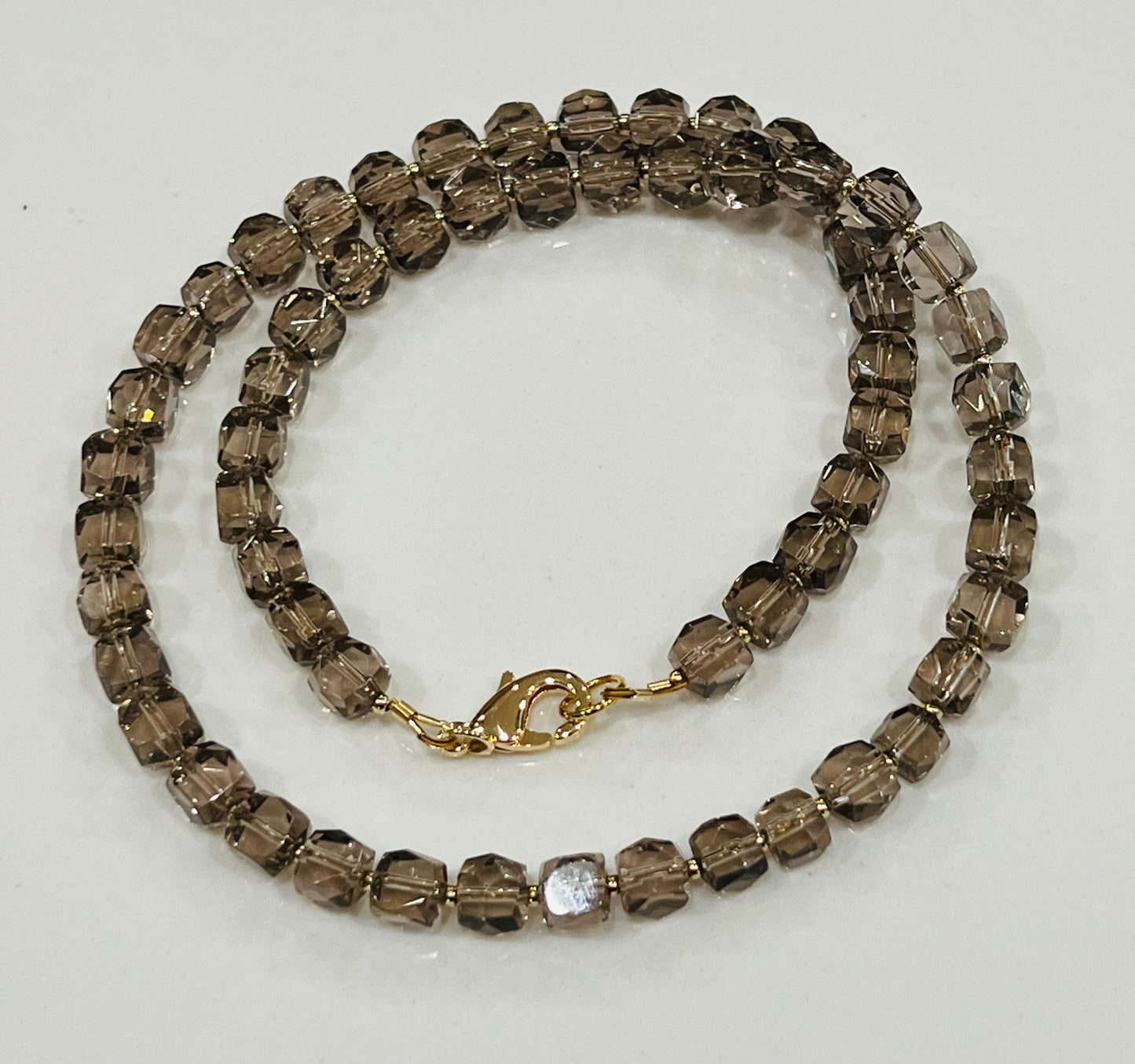 Smoky Quartz Beaded Necklace: 18k Gold Filled Clasp/Beads, 6mm Faceted Corner Cut Gemstone