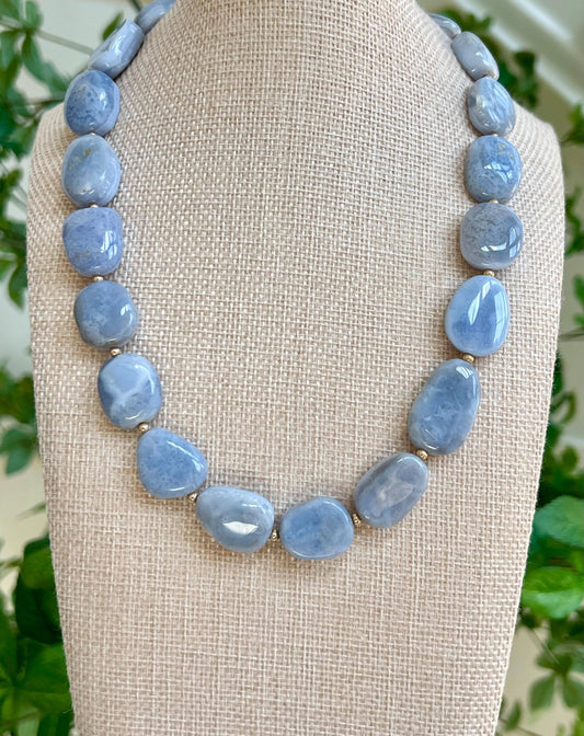 Blue Lace Agate 18k Gold Filled Clasp/Beads Necklace: Freeform Gemstone Statement Necklace