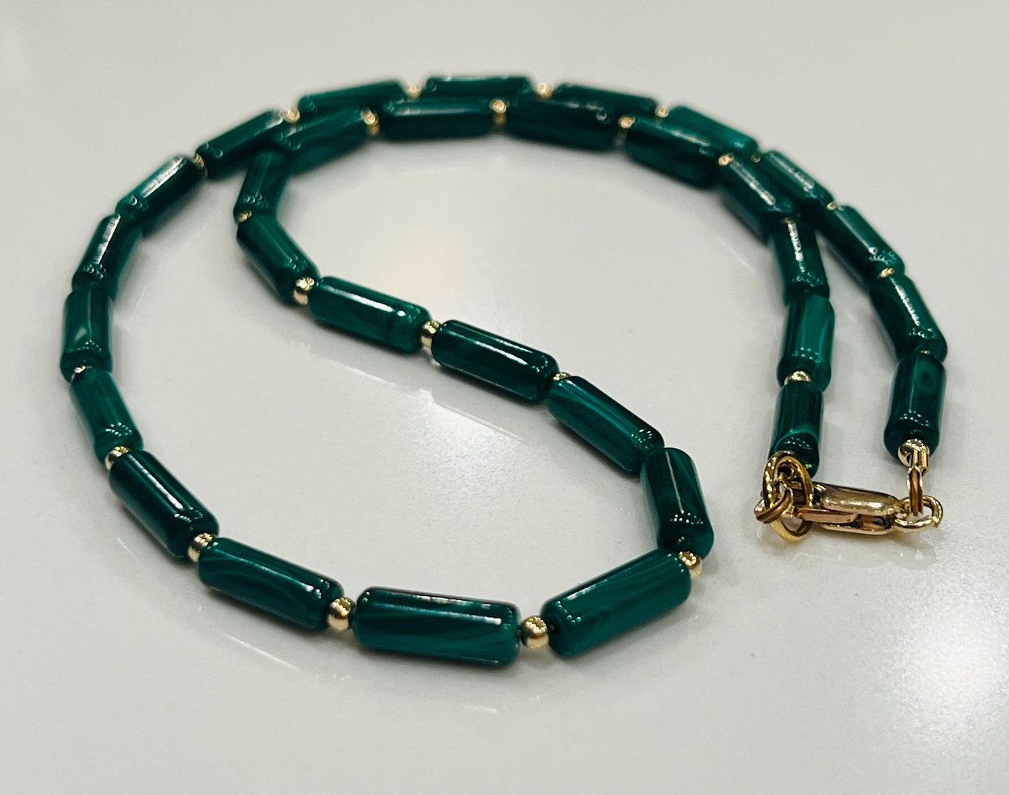 Malachite Beaded Necklace: 18k Gold Filled Clasp, Natural Green Gemstone
