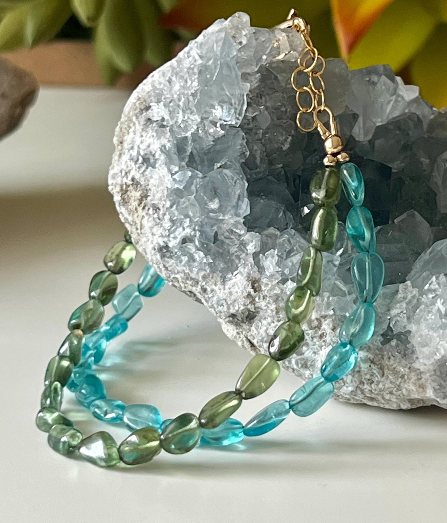 Blue and Green Apatite Double Strand Beaded Bracelet
