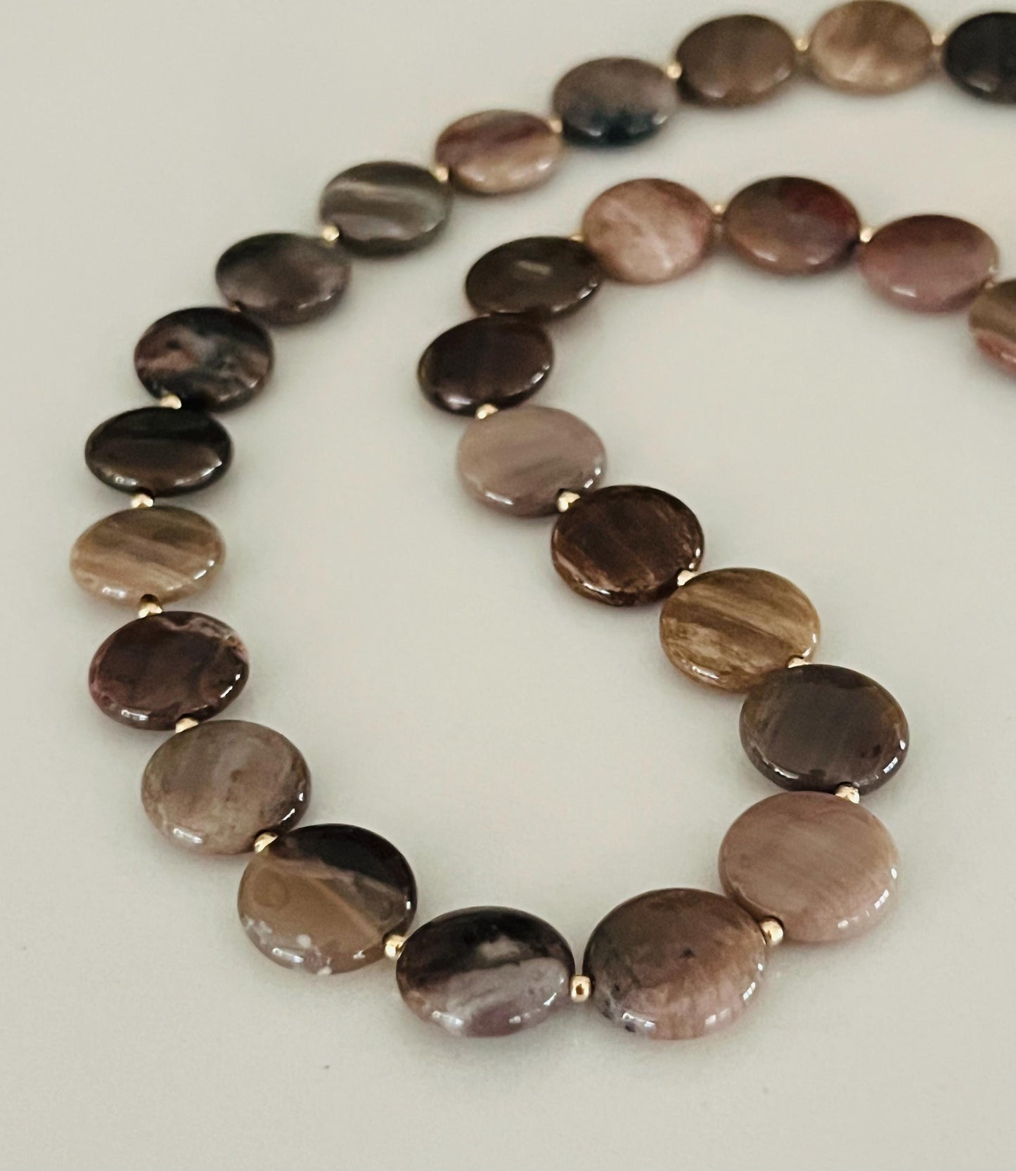Petrified Wood Agate Gemstone Necklace: 18k Gold Filled Clasp/Beads, Earth Tone Beads 10mm Smooth Coin