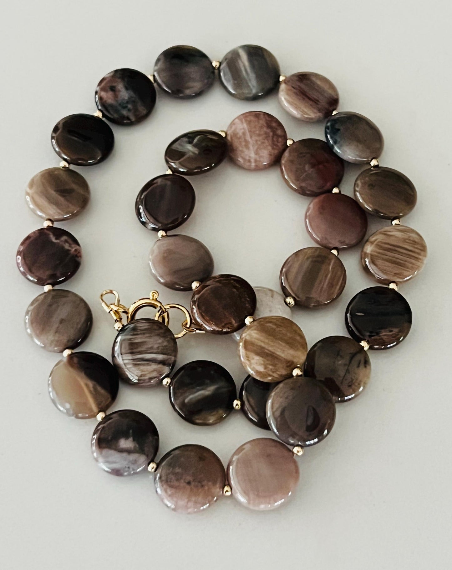 Petrified Wood Agate Gemstone Necklace: 18k Gold Filled Clasp/Beads, Earth Tone Beads 10mm Smooth Coin