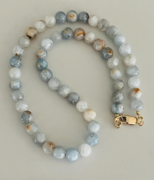 Celestite Beaded Necklace: 8mm Smooth Round Stones, Gold Filled Clasp