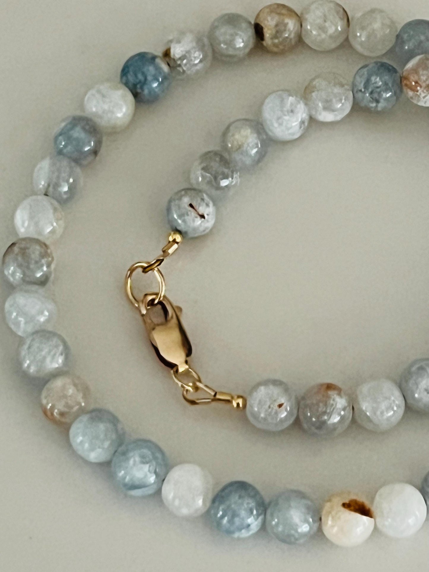 Celestite Beaded Necklace: 8mm Smooth Round Stones, Gold Filled Clasp