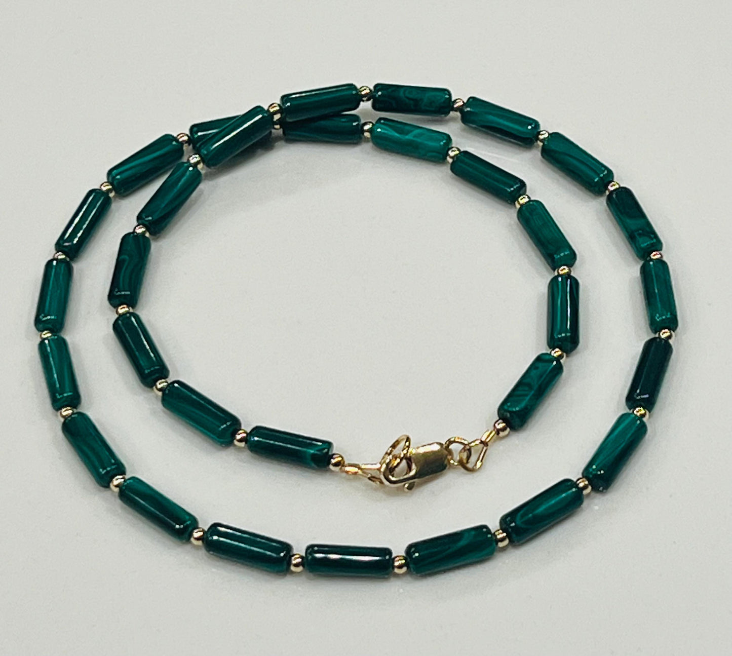 Malachite Beaded Necklace: 18k Gold Filled Clasp, Natural Green Gemstone