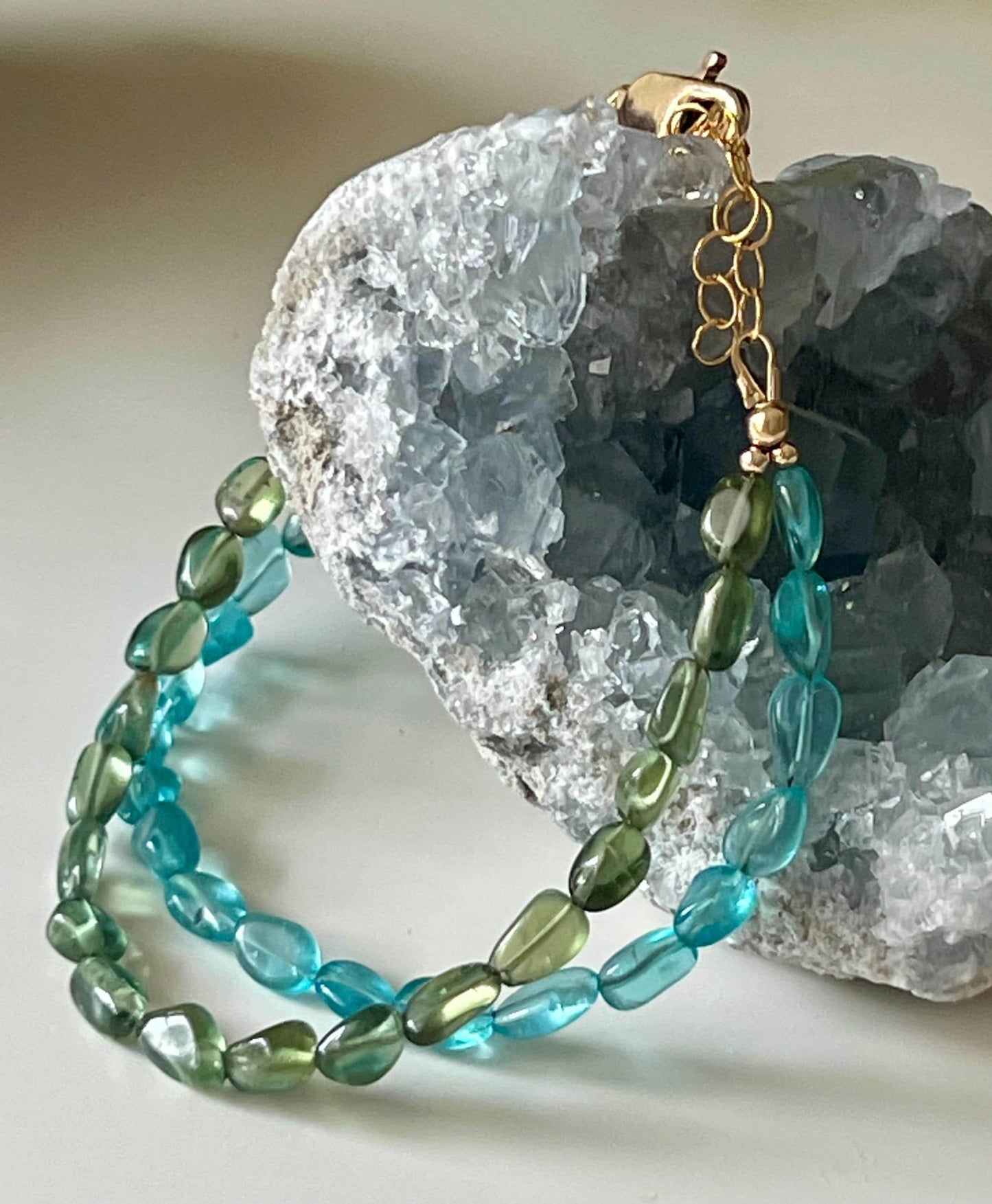 Blue and Green Apatite Double Strand Beaded Bracelet