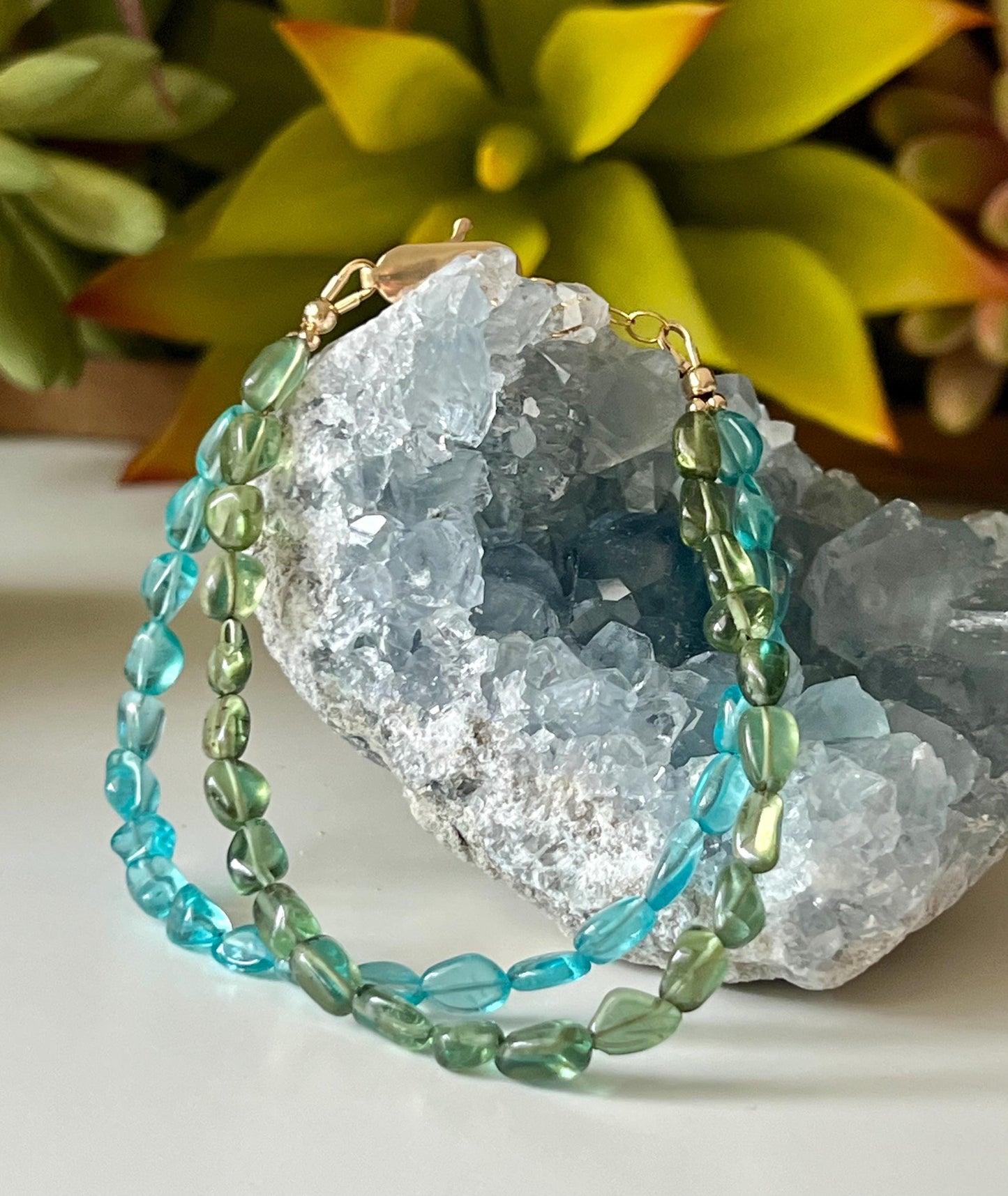 Blue and Green Apatite Double Strand Beaded Bracelet