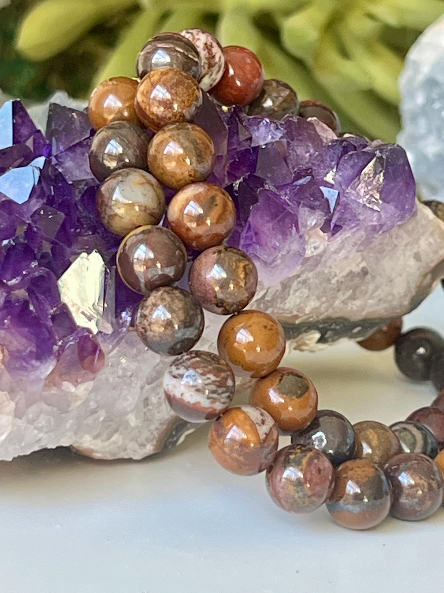 Tiger Iron Beaded Necklace: Smooth Round 8mm Gemstone, Gold Filled Clasp