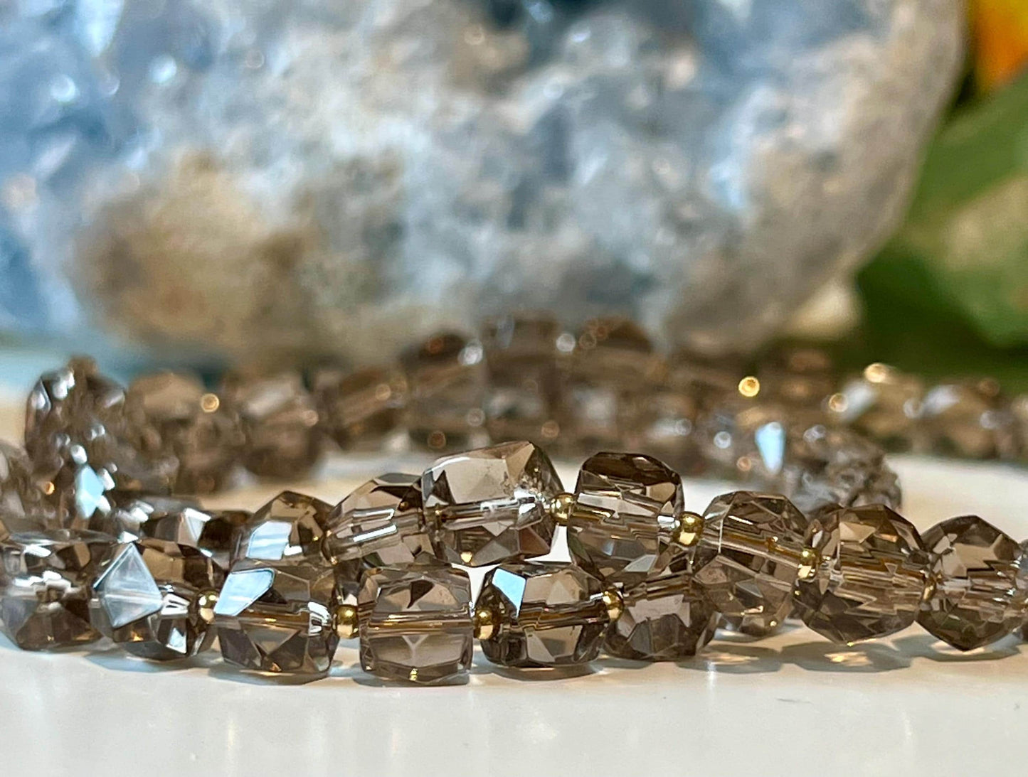 Smoky Quartz Beaded Necklace: 18k Gold Filled Clasp/Beads, 6mm Faceted Corner Cut Gemstone