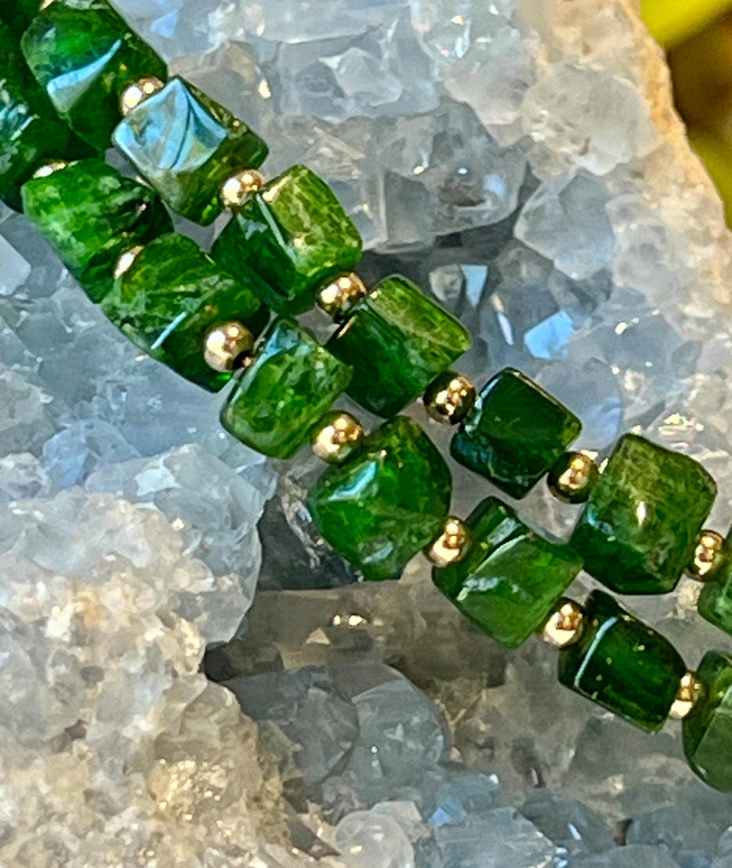 Diopside Beaded Necklace: 18k Gold Filled Clasp, 4mm Cube Diopside Green Gemstone