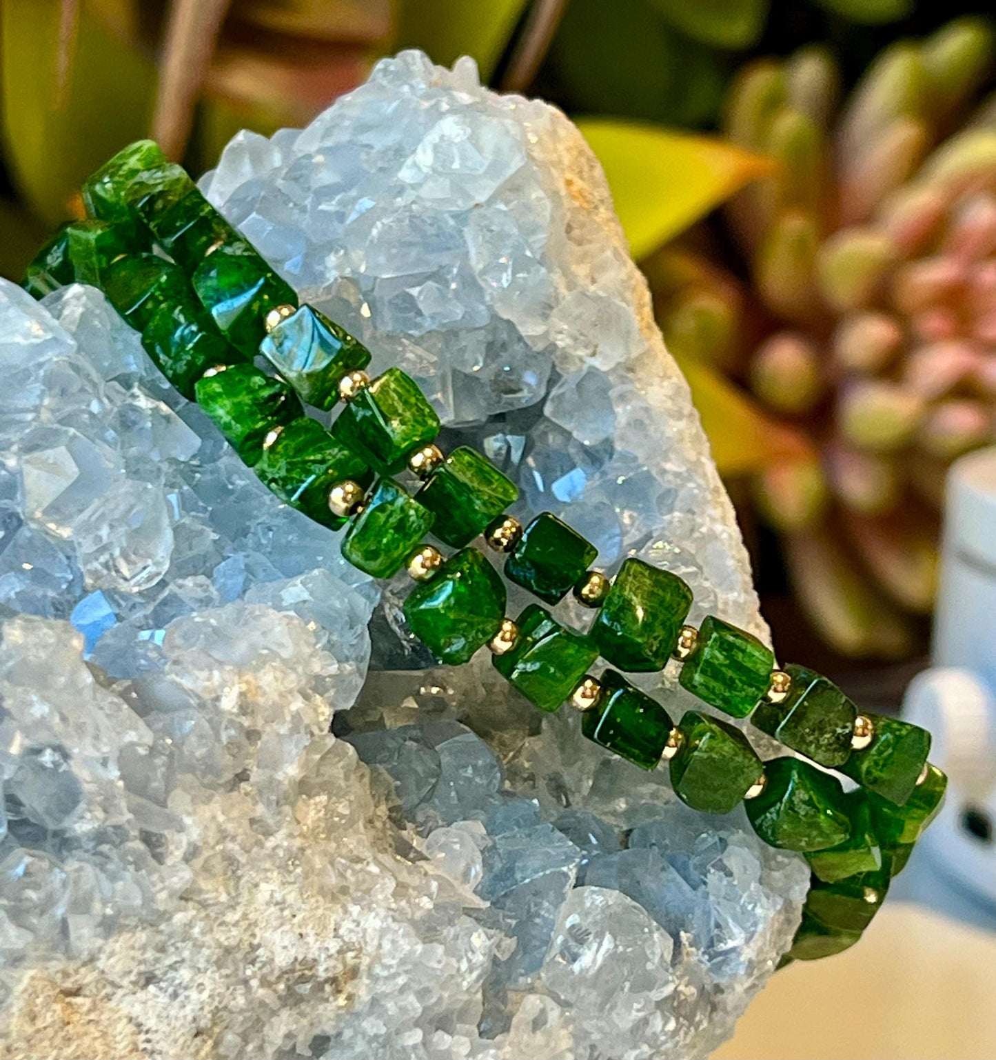 Diopside Beaded Necklace: 18k Gold Filled Clasp, 4mm Cube Diopside Green Gemstone