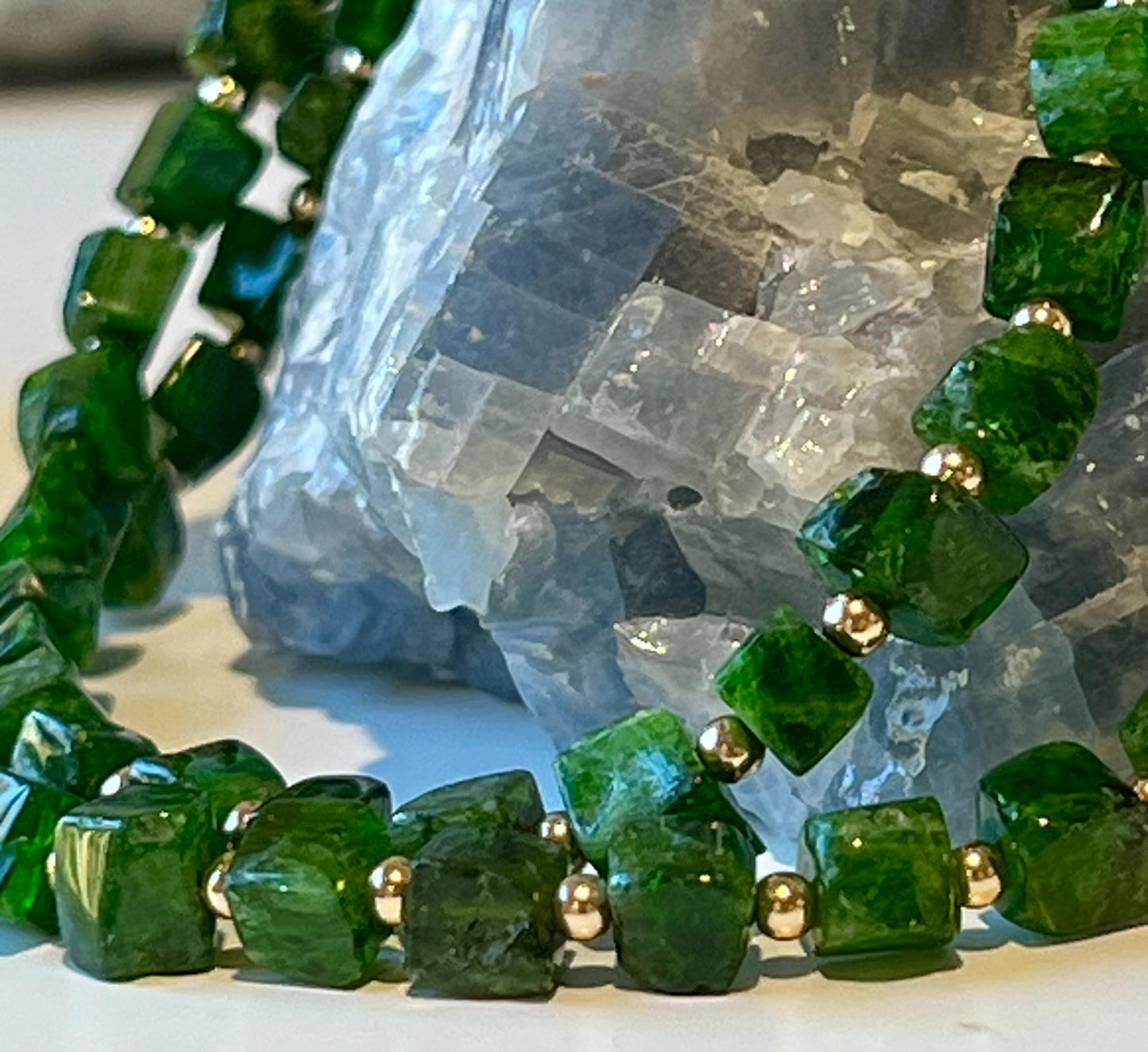 Diopside Beaded Necklace: 18k Gold Filled Clasp, 4mm Cube Diopside Green Gemstone