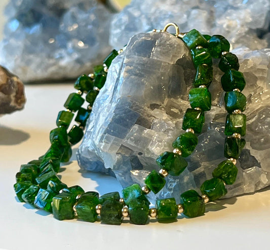Diopside Beaded Necklace: 18k Gold Filled Clasp, 4mm Cube Diopside Green Gemstone