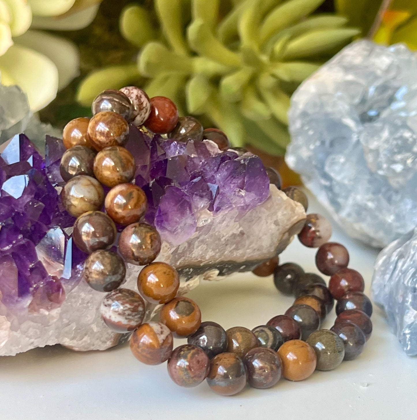 Tiger Iron Beaded Necklace: Smooth Round 8mm Gemstone, Gold Filled Clasp