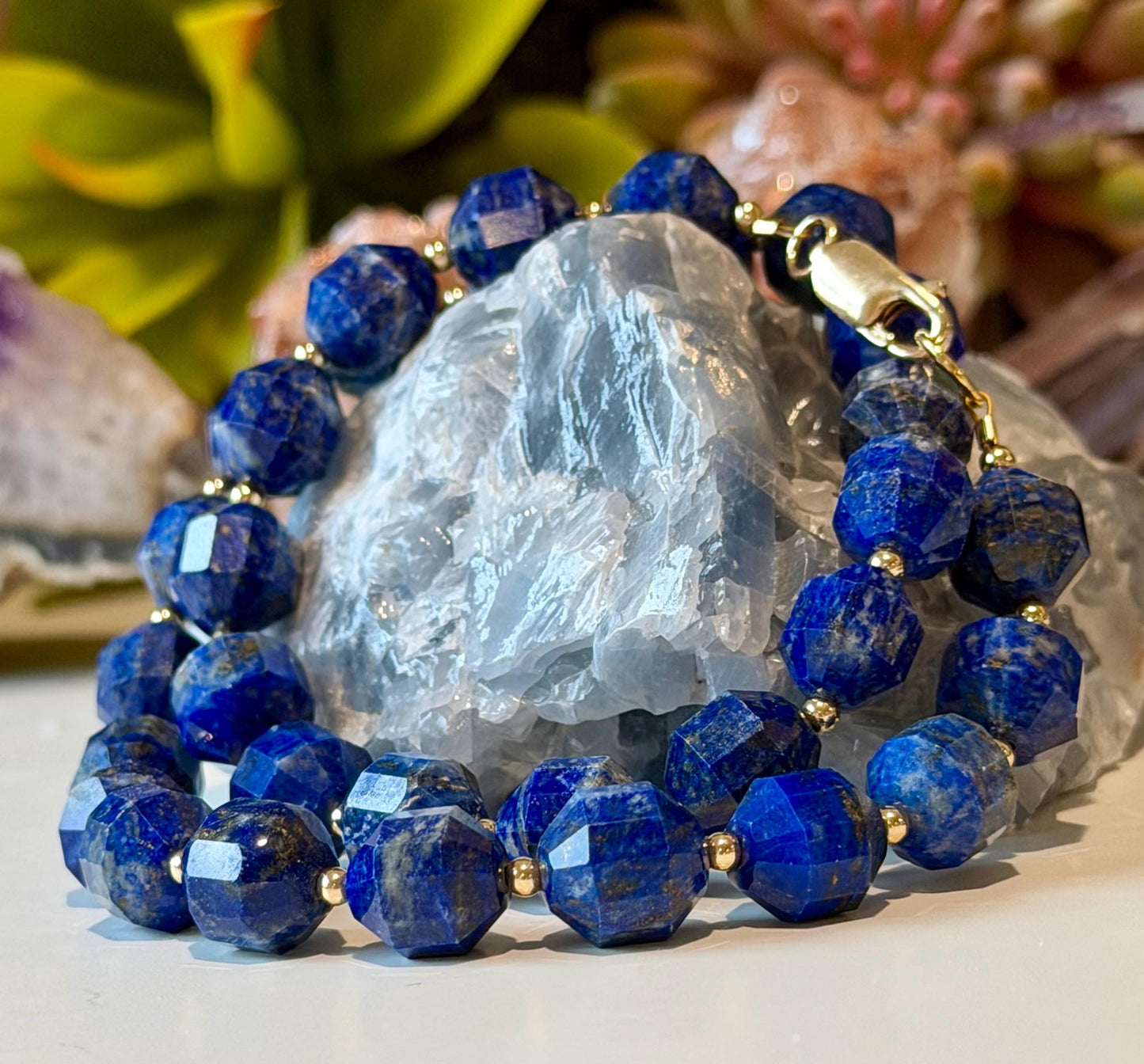 Lapis Lazuli Necklace: 18k Gold Filled Clasp/Beads, Natural Gemstone Necklace 10mm Gorgeous Lapis Energy Prism Cut Stones