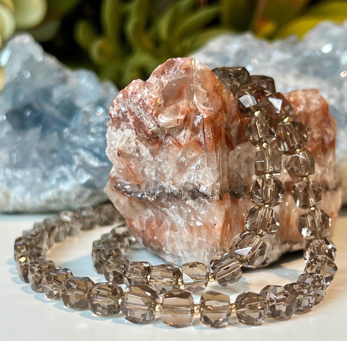 Smoky Quartz Beaded Necklace: 18k Gold Filled Clasp/Beads, 6mm Faceted Corner Cut Gemstone