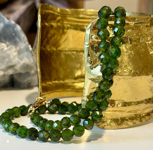 AAA Chrome Diopside Beaded Necklace: 18k Gold Filled Clasp, 5mm Faceted Round Sparkling Dark Diopside Green Gemstone