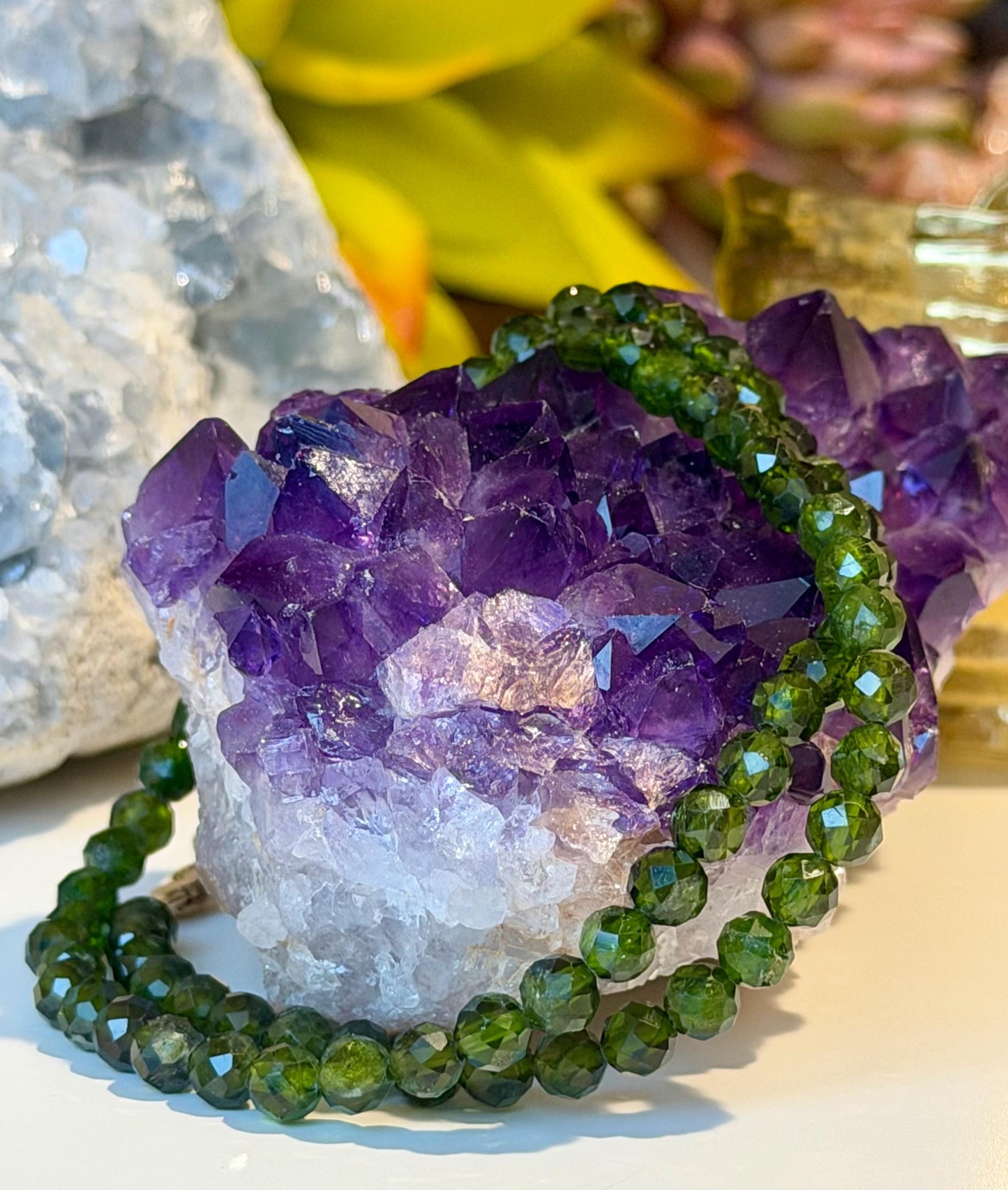 AAA Chrome Diopside Beaded Necklace: 18k Gold Filled Clasp, 5mm Faceted Round Sparkling Dark Diopside Green Gemstone