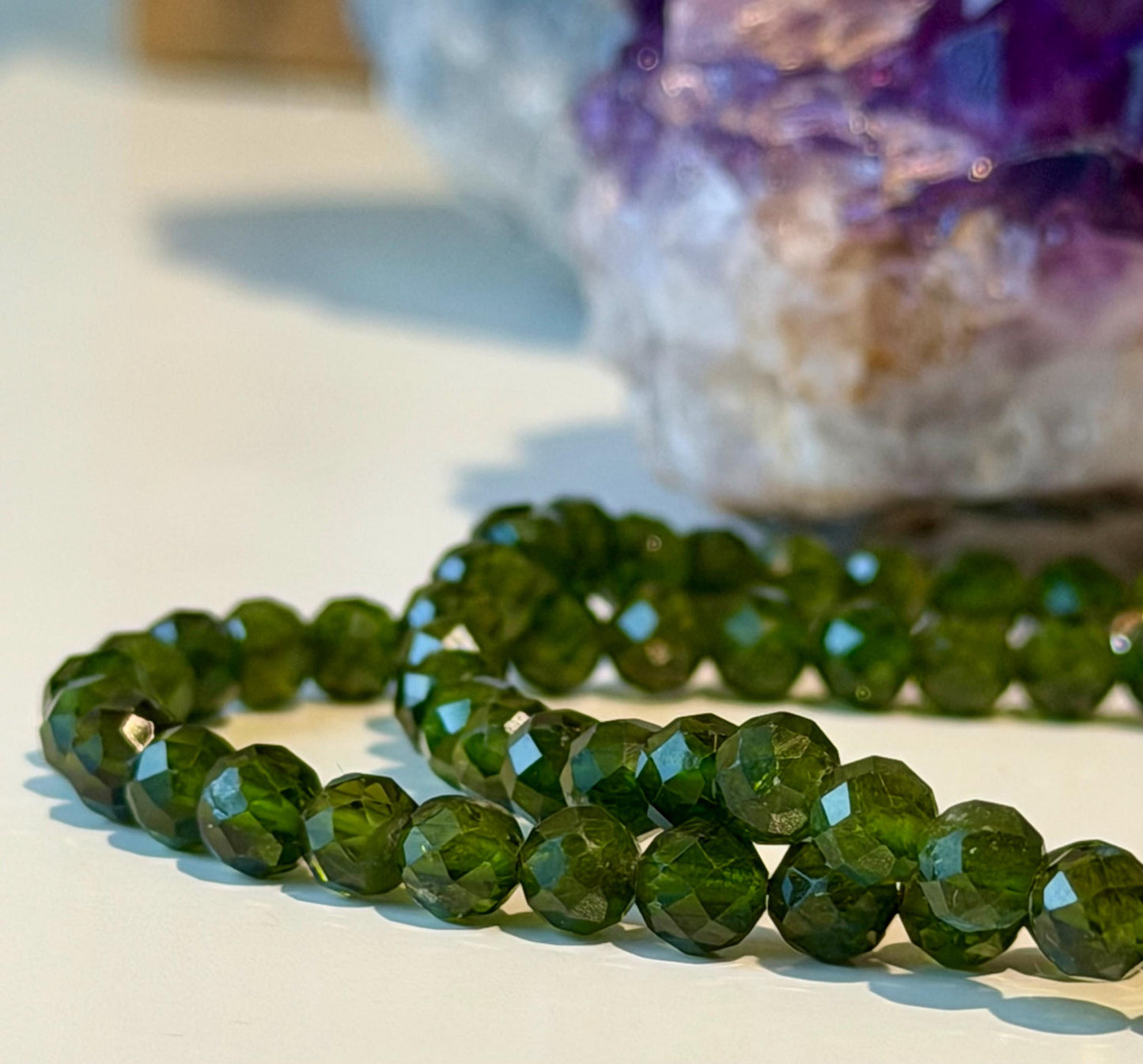 AAA Chrome Diopside Beaded Necklace: 18k Gold Filled Clasp, 5mm Faceted Round Sparkling Dark Diopside Green Gemstone