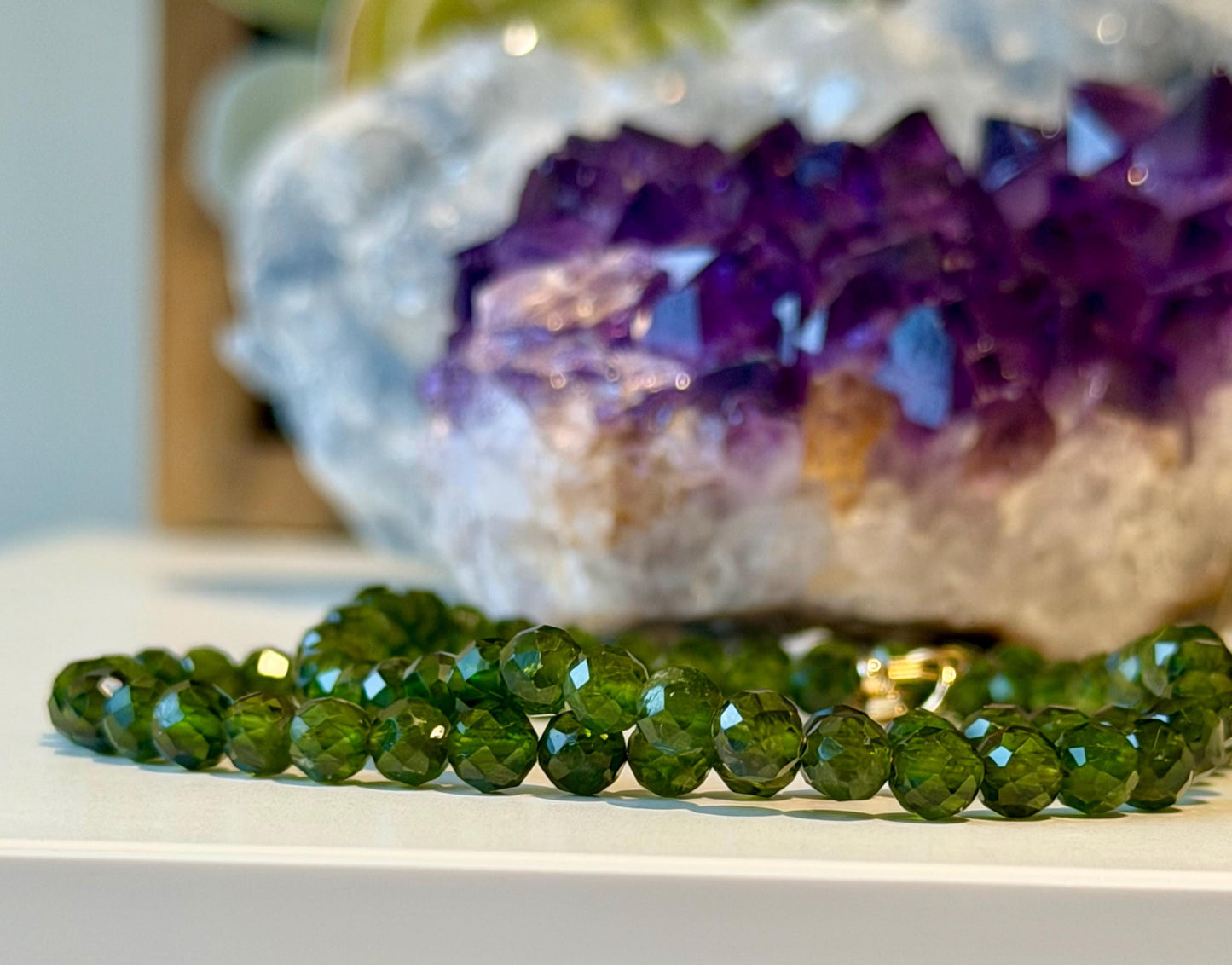AAA Chrome Diopside Beaded Necklace: 18k Gold Filled Clasp, 5mm Faceted Round Sparkling Dark Diopside Green Gemstone