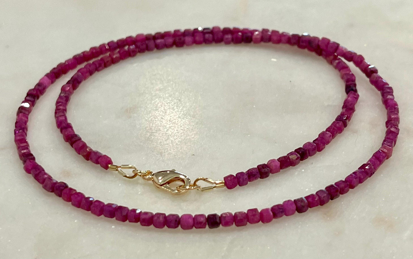Ruby Beaded Anklet: 18k Gold Filled Clasp, 3mm Cubed Gemstones, 10.5 inches in Length