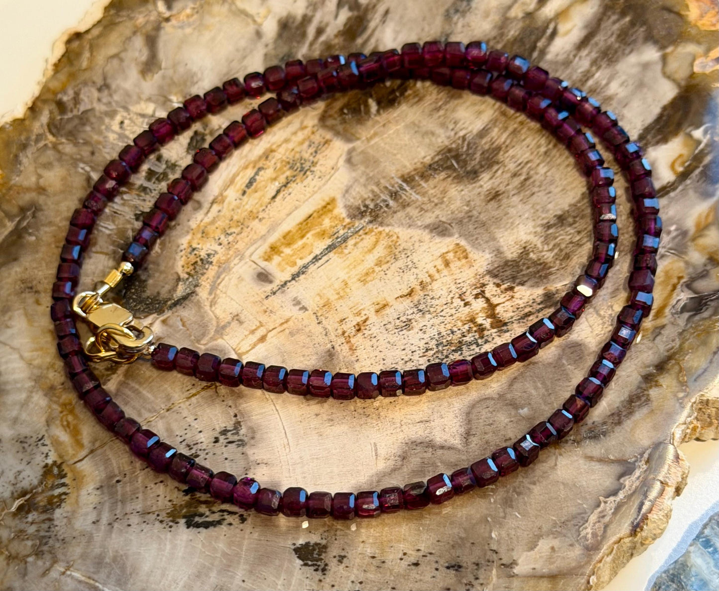 Mozambique Garnet Necklace: 18k Gold Filled Clasp, 3mm Cubed Gemstone