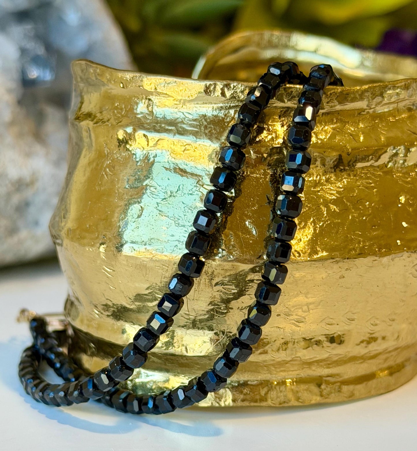 Spinel Necklace: 3mm Table Cut Cube Black Spinel Necklace Beaded Semi-Precious Gemstone Necklace, Gold Filled Clasp