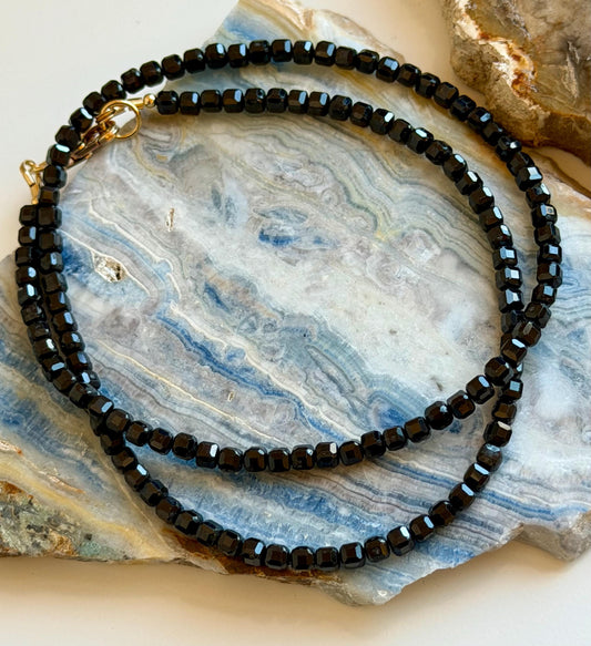 Spinel Necklace: 3mm Table Cut Cube Black Spinel Necklace Beaded Semi-Precious Gemstone Necklace, Gold Filled Clasp