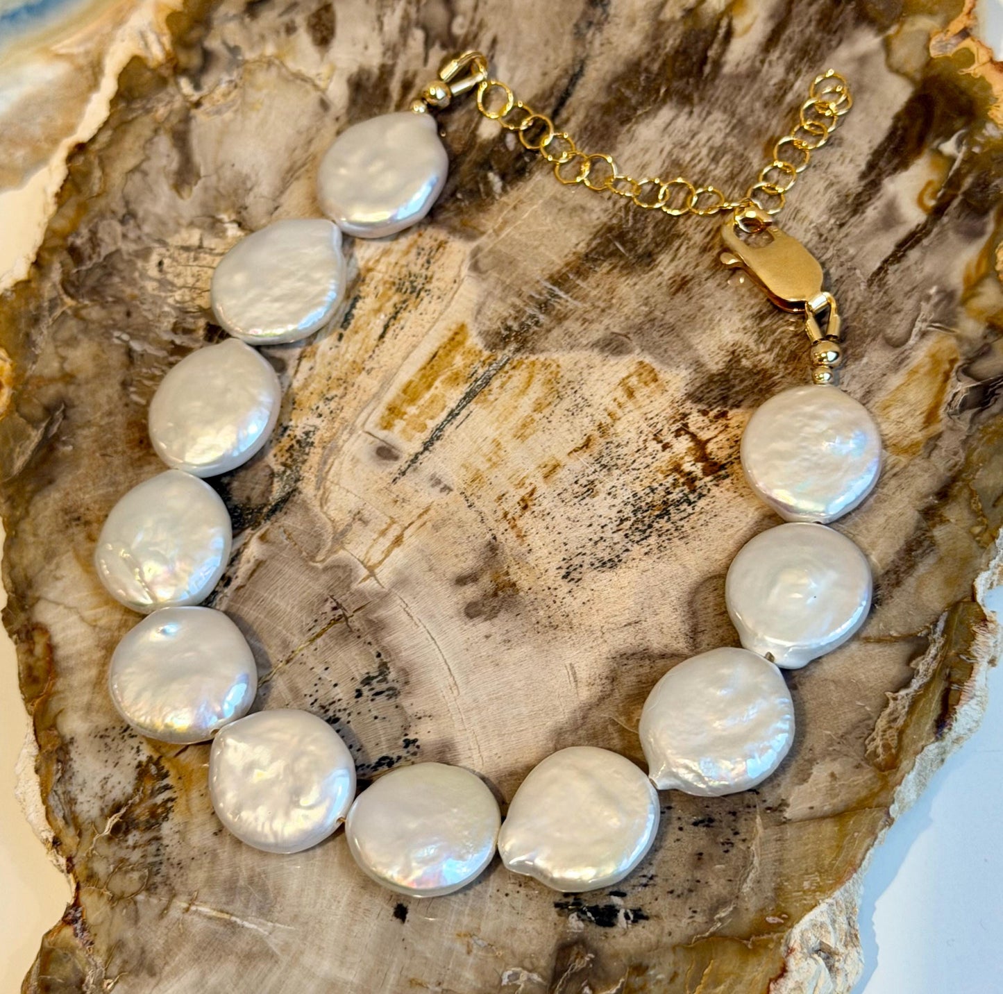 Pearl Bracelet: White Freshwater Pearl 13mm Coin AAA Pearls with Gold Filled Clasp/Beads, 6.5-8 inches in Length Pearl Bracelet