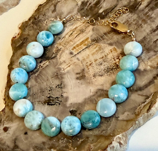Larimar Bracelet: 10mm Coin A Larimar with Gold Filled Clasp/Beads, 6.5-8 inches in Length Pearl Bracelet