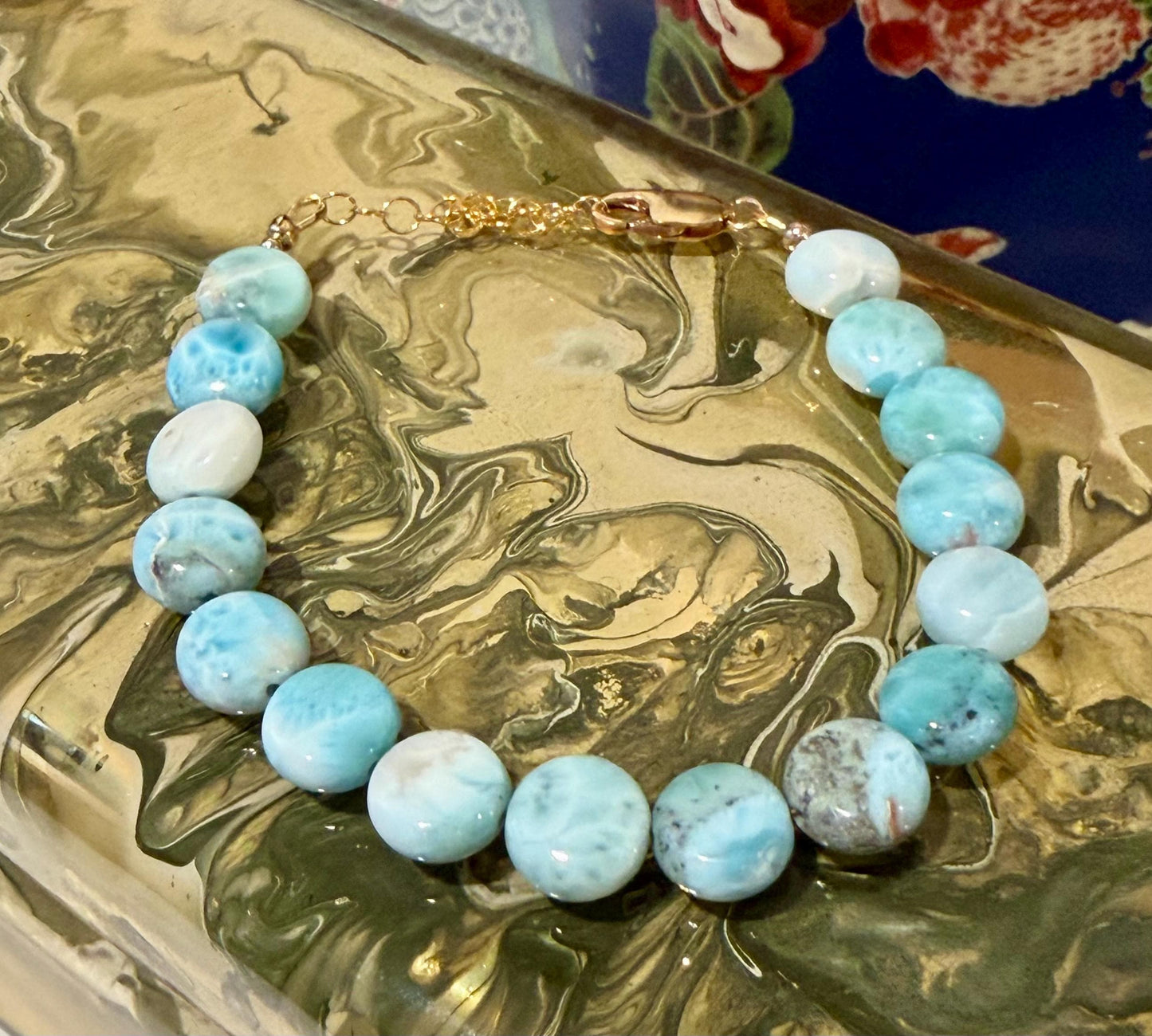 Larimar Bracelet: 10mm Coin A Larimar with Gold Filled Clasp/Beads, 6.5-8 inches in Length Pearl Bracelet