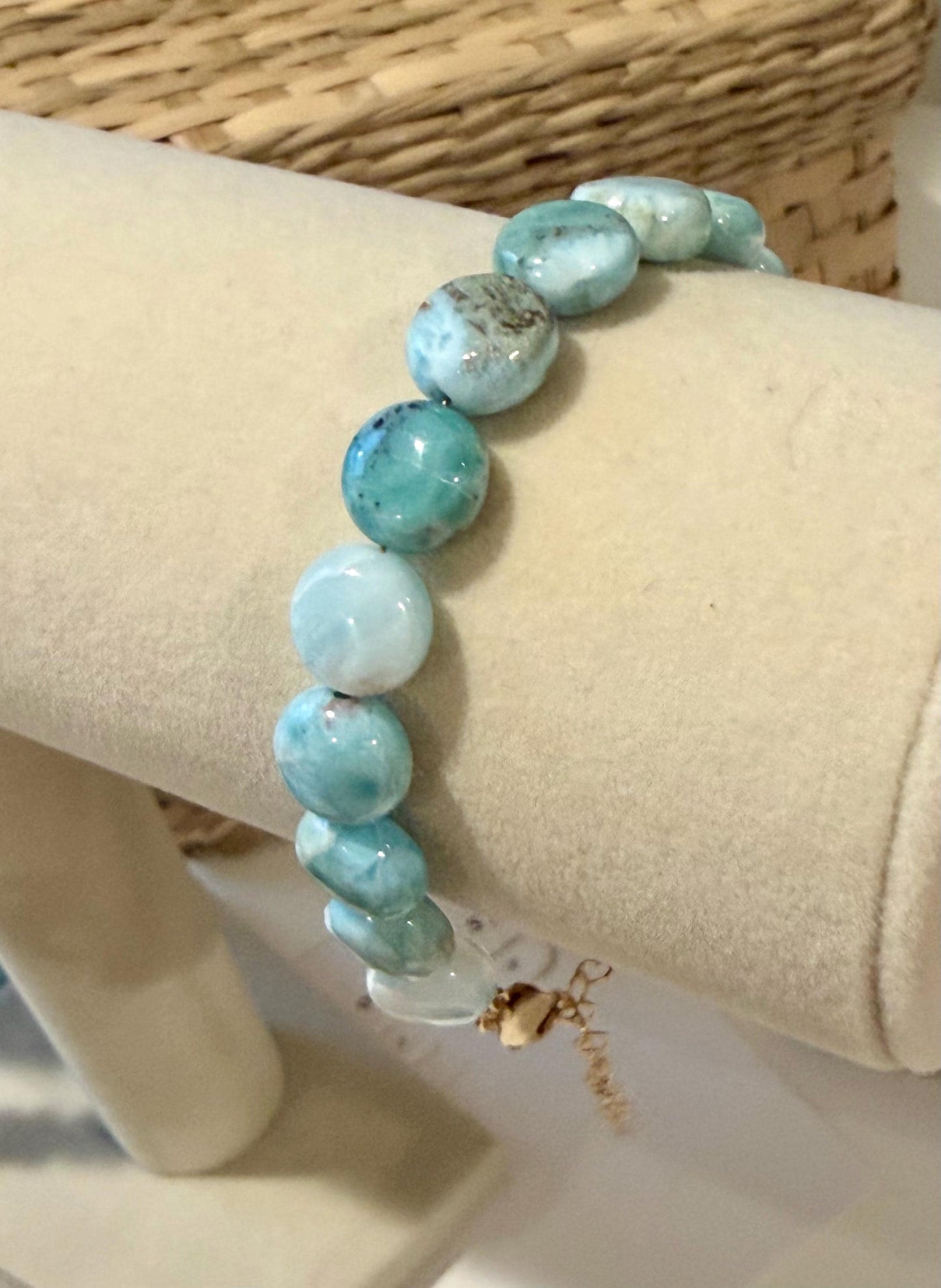 Larimar Bracelet: 10mm Coin A Larimar with Gold Filled Clasp/Beads, 6.5-8 inches in Length Pearl Bracelet