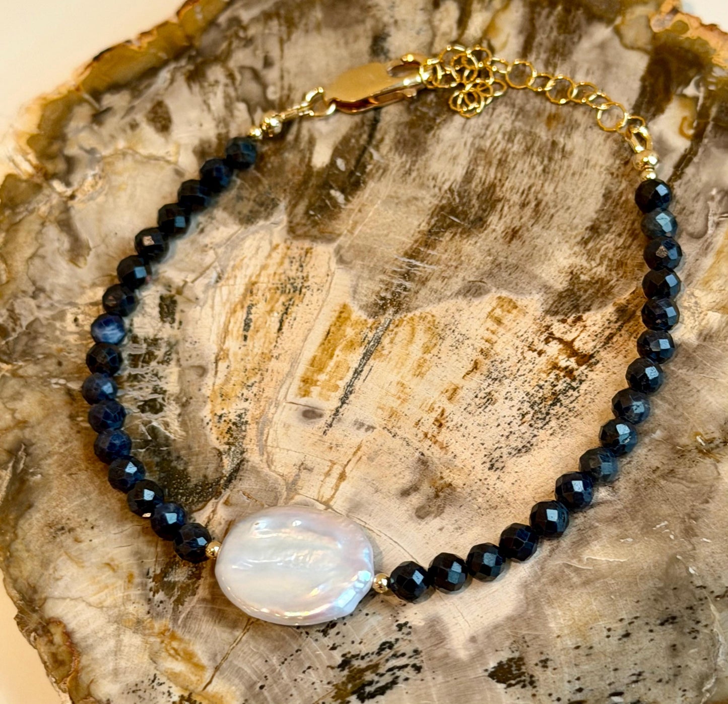 Sapphire Beaded Bracelet:  4mm Faceted Round Sapphire and Freshwater Pearl Bracelet Gold Filled Clasp/Beads, 6.5-8 inches in Length Bracelet