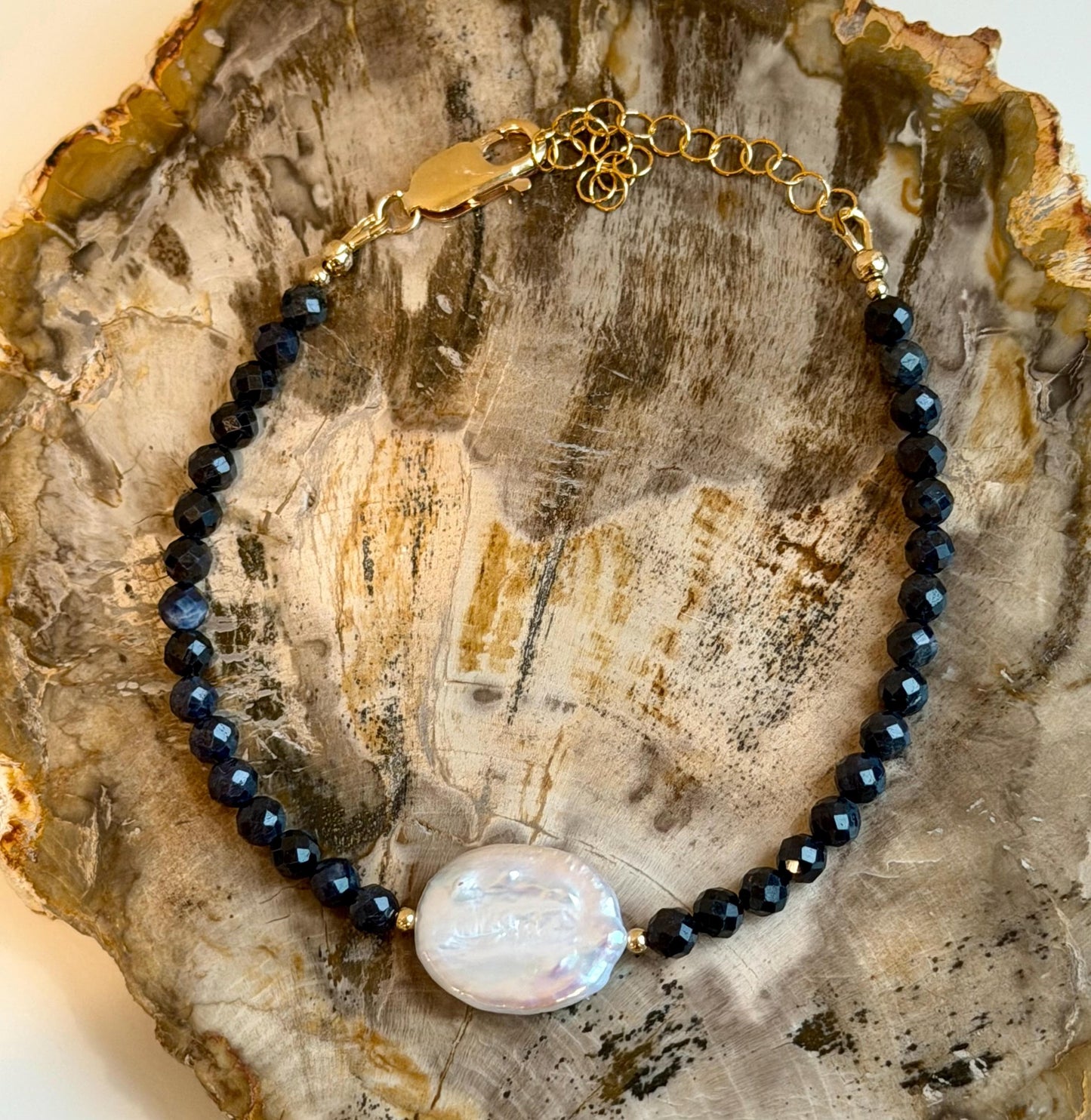 Sapphire Beaded Bracelet:  4mm Faceted Round Sapphire and Freshwater Pearl Bracelet Gold Filled Clasp/Beads, 6.5-8 inches in Length Bracelet