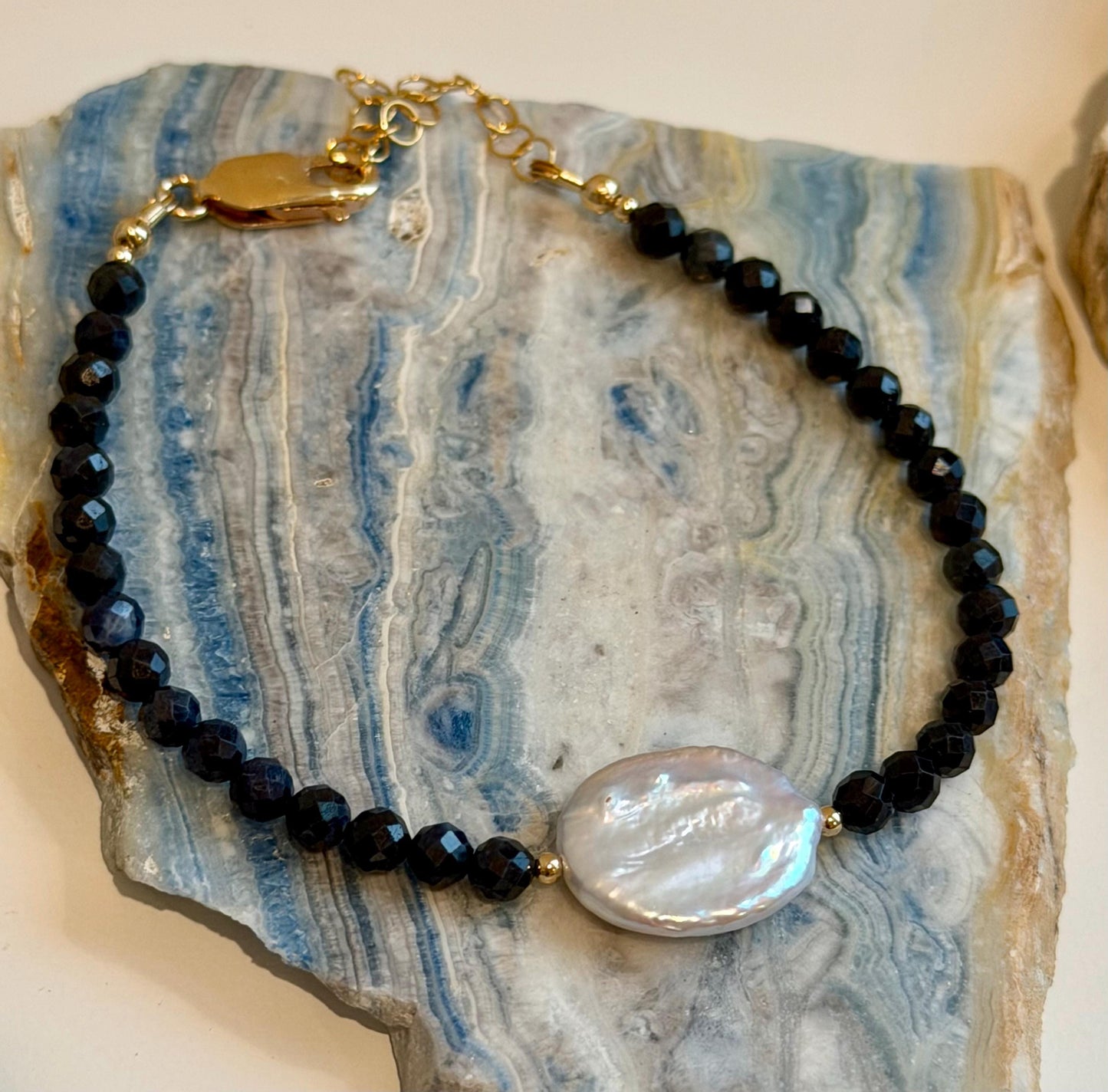 Sapphire Beaded Bracelet:  4mm Faceted Round Sapphire and Freshwater Pearl Bracelet Gold Filled Clasp/Beads, 6.5-8 inches in Length Bracelet