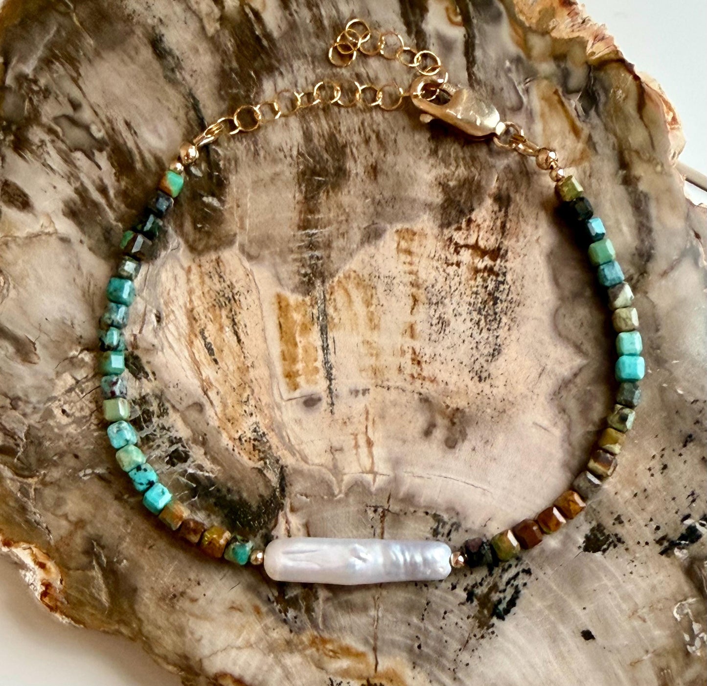Turquoise Bracelet: Faceted  3mm Table Cubed Hubei Turquoise and Biwa Freshwater Pearl, Gold  Filled Clasp, 6.5-8 inches in Length Bracelet