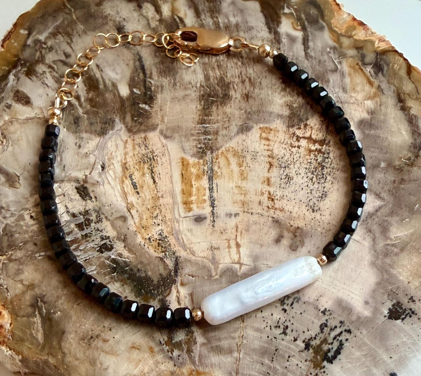 Spinel Bracelet: Faceted  3mm Table Cubed Black Spinel and Biwa Freshwater Pearl, Gold Filled Clasp, 6.5-8 inches in Length Bracelet
