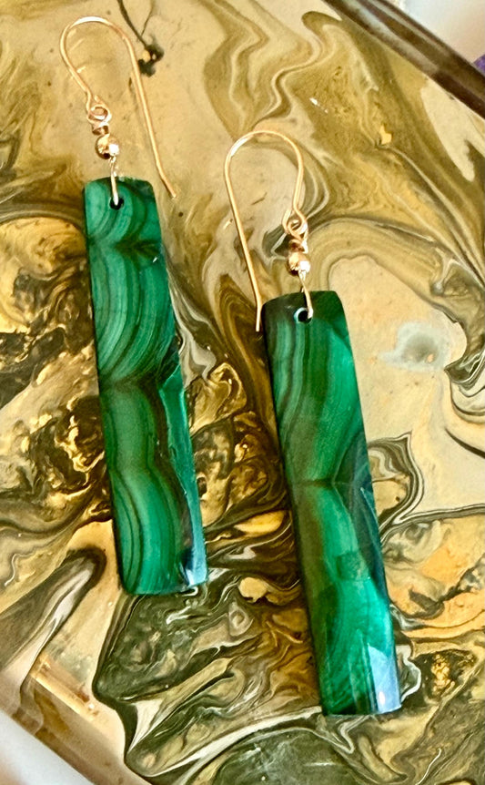 Malachite Earrings: Malachite Earrings 2.5 inches in Length, Gold Filled Ear Wires, Natural Gemstone Earrings