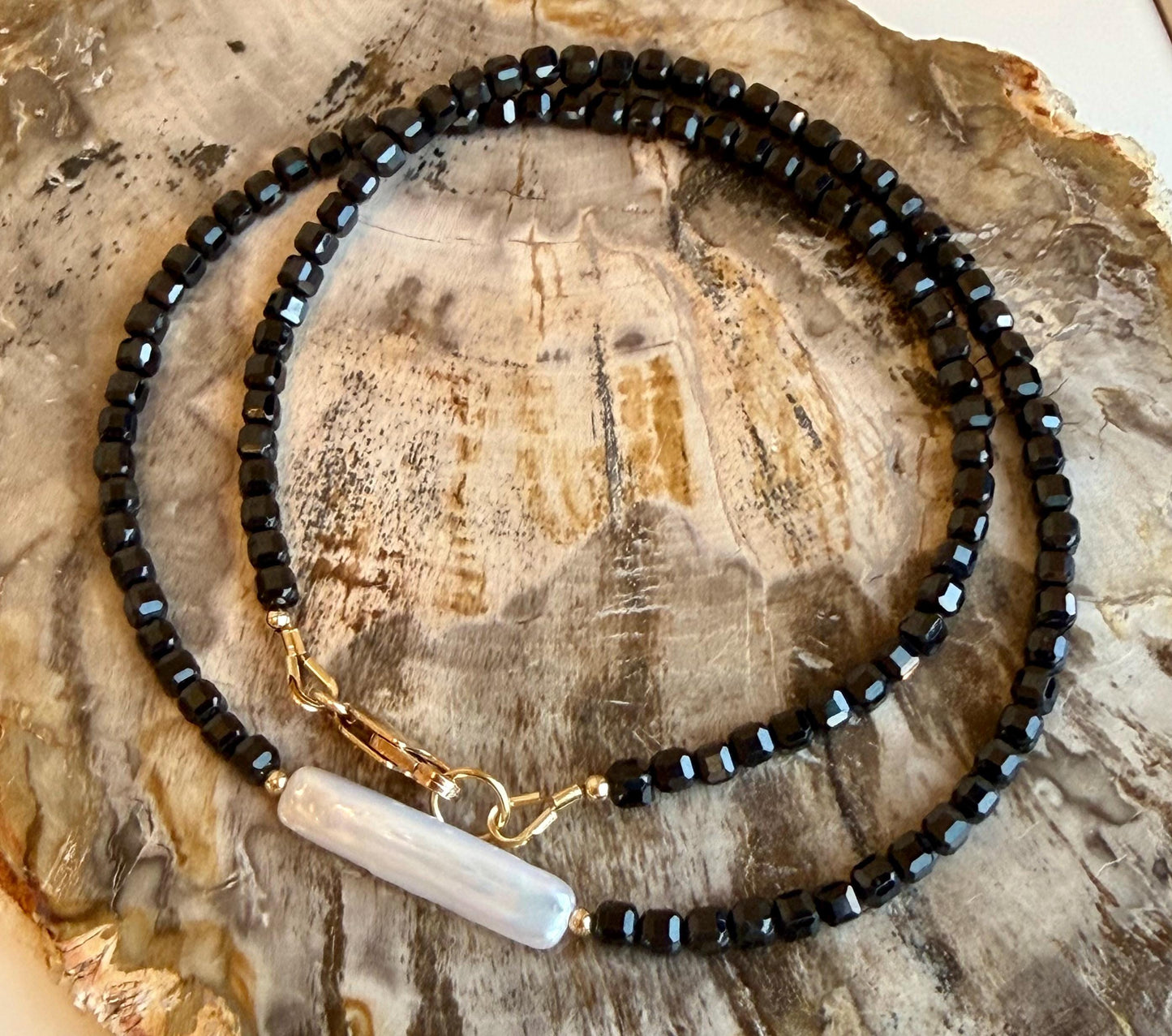 Spinel Necklace: 3mm Table Cut Cube Black Spinel and Freshwater Biwa Pearl Necklace Beaded Semi-Precious Gemstone Necklace Gold Filled Clasp