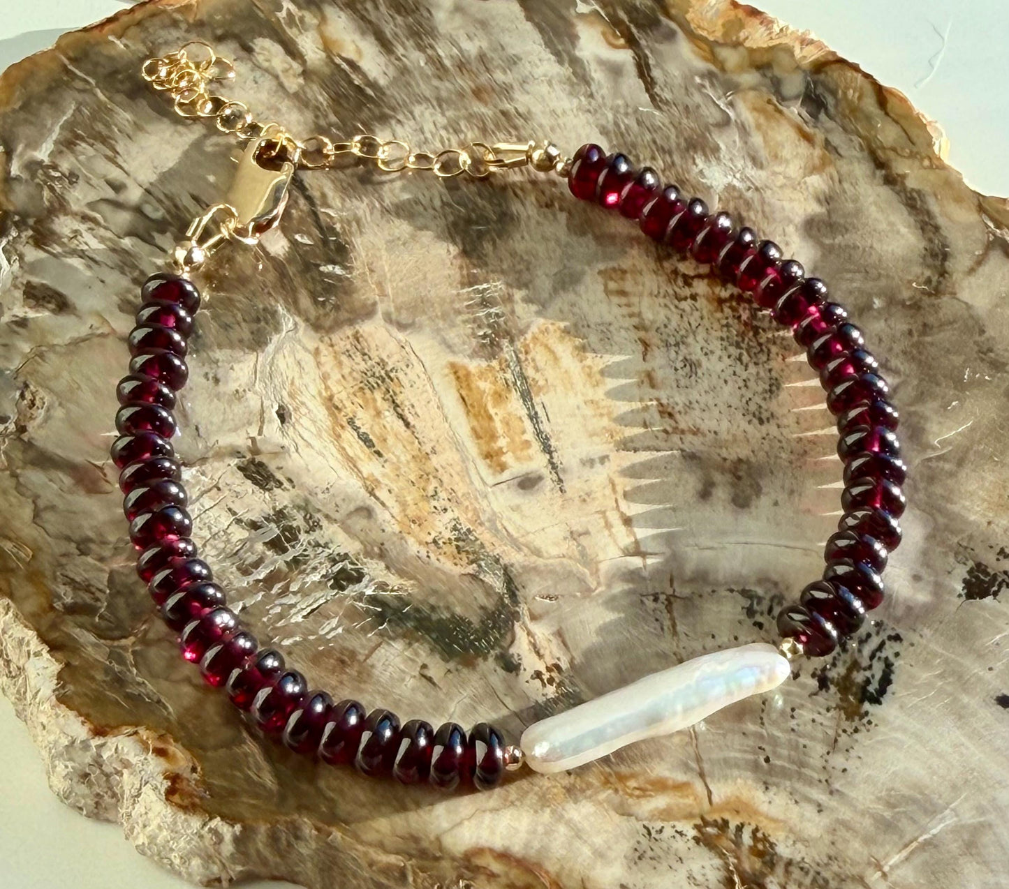 Garnet Bracelet: Faceted  5mm Smooth Rondelle Hand Cut Garnet and Biwa Freshwater Pearl, Gold Filled Clasp, 6.5-8 inches in Length Bracelet