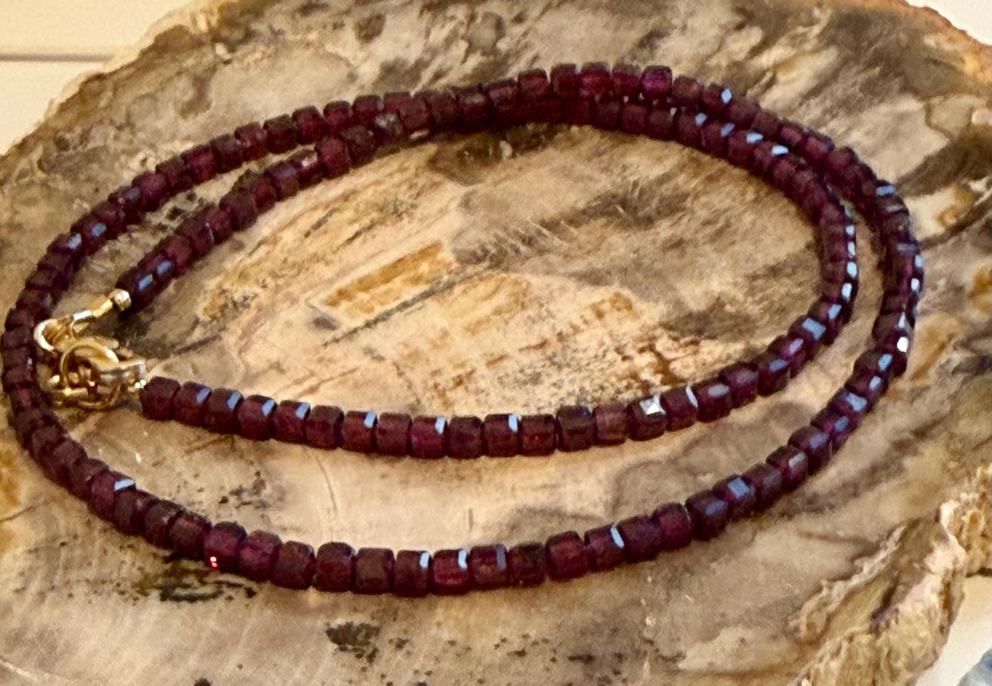 Mozambique Garnet Necklace: 18k Gold Filled Clasp, 3mm Cubed Gemstone