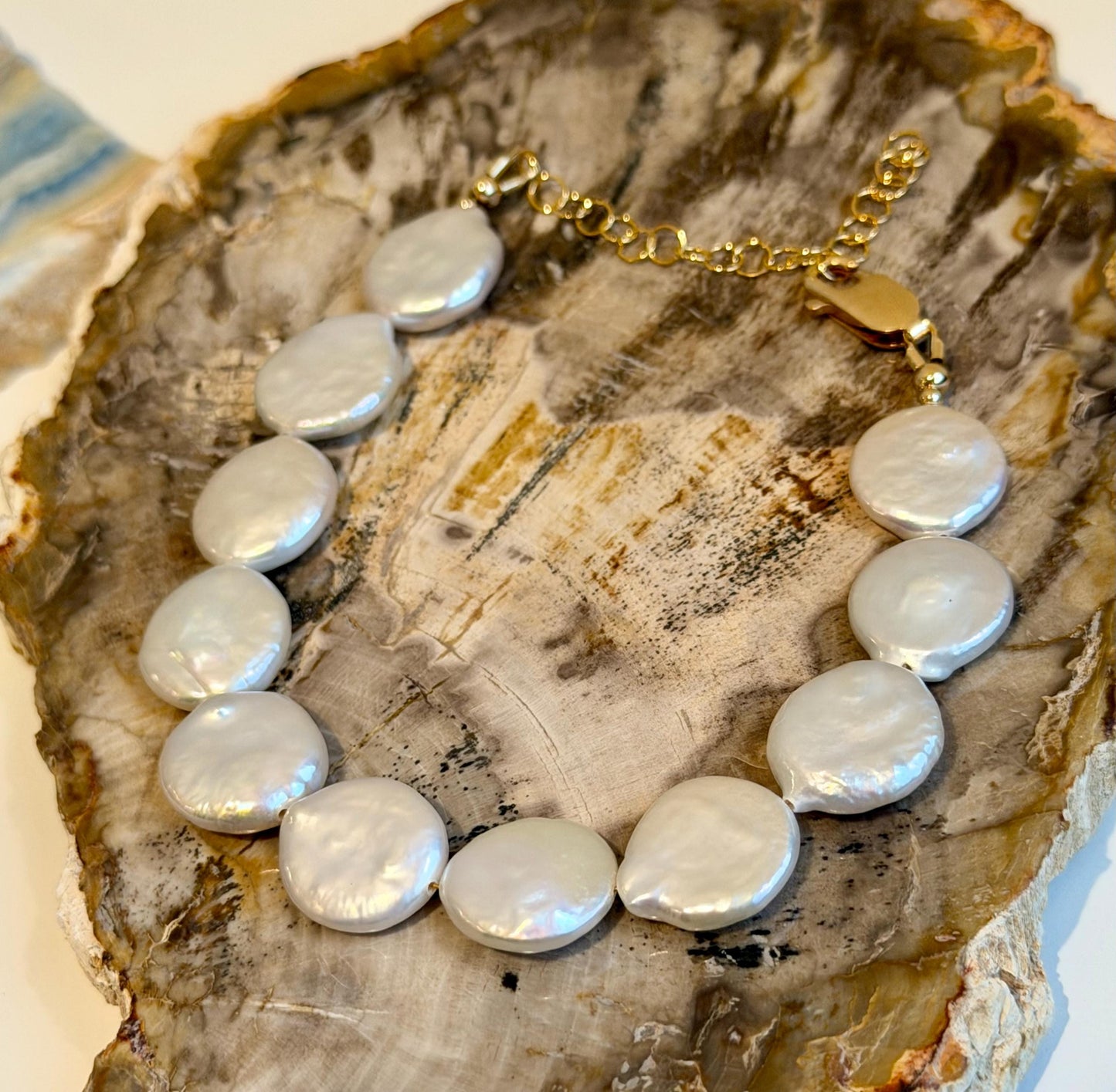 Pearl Bracelet: White Freshwater Pearl 13mm Coin AAA Pearls with Gold Filled Clasp/Beads, 6.5-8 inches in Length Pearl Bracelet