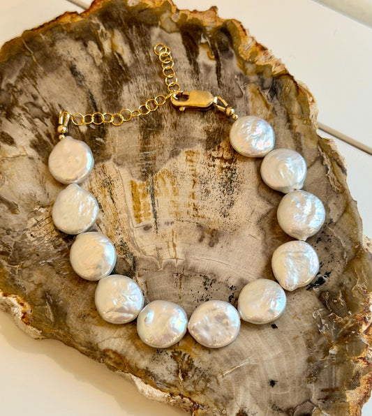 Pearl Bracelet: White Freshwater Pearl 13mm Coin AAA Pearls with Gold Filled Clasp/Beads, 6.5-8 inches in Length Pearl Bracelet