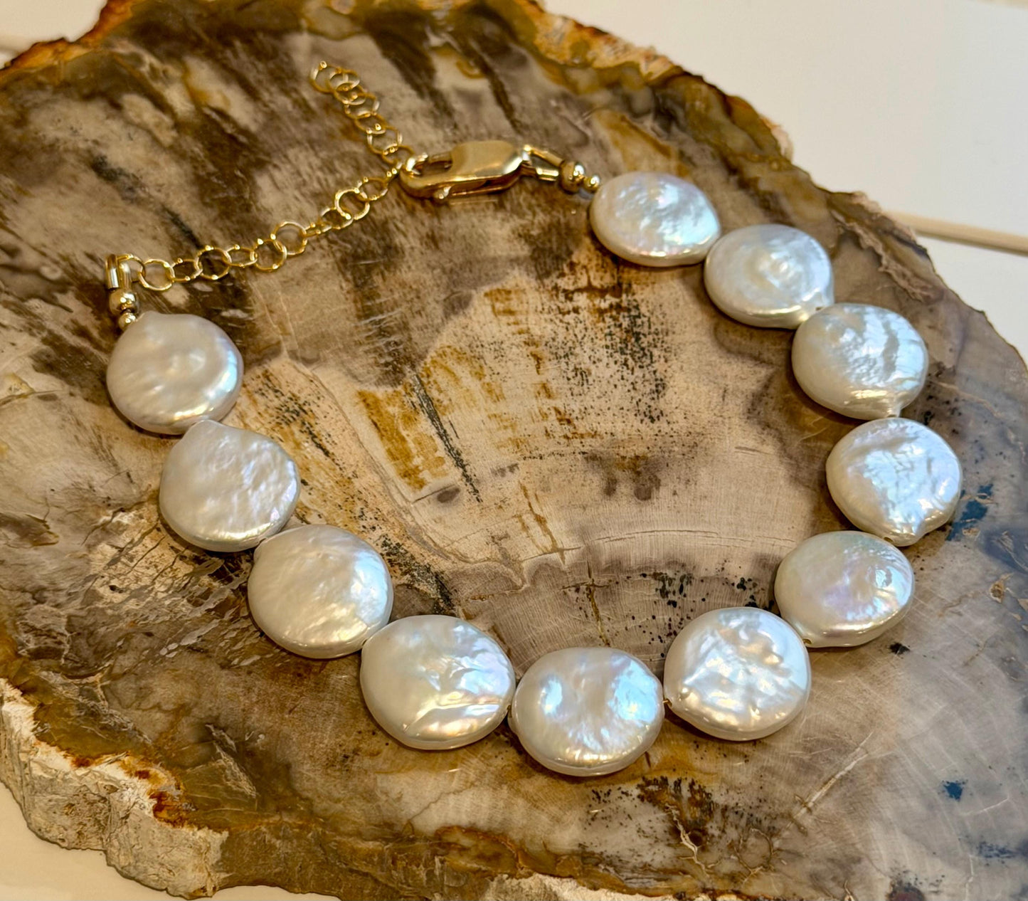 Pearl Bracelet: White Freshwater Pearl 13mm Coin AAA Pearls with Gold Filled Clasp/Beads, 6.5-8 inches in Length Pearl Bracelet