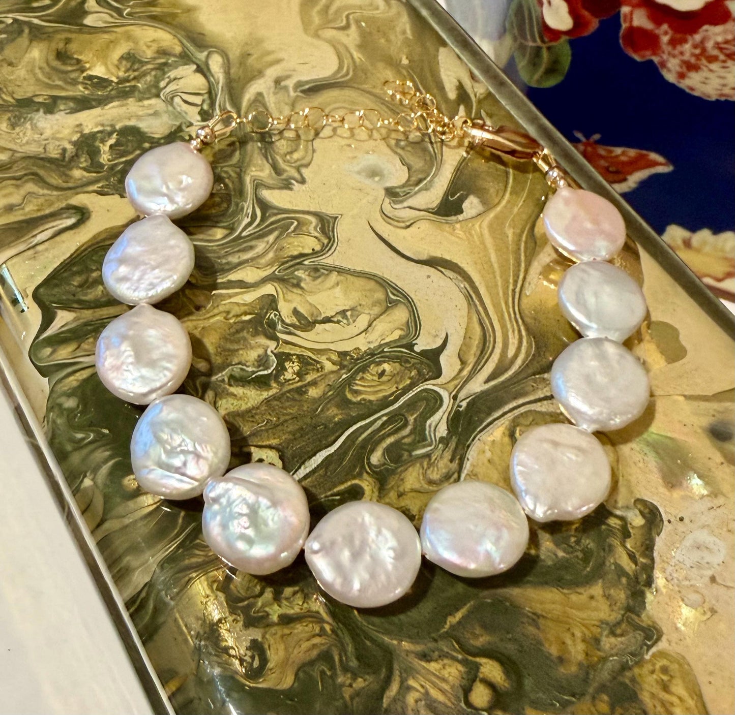 Pearl Bracelet: White Freshwater Pearl 13mm Coin AAA Pearls with Gold Filled Clasp/Beads, 6.5-8 inches in Length Pearl Bracelet